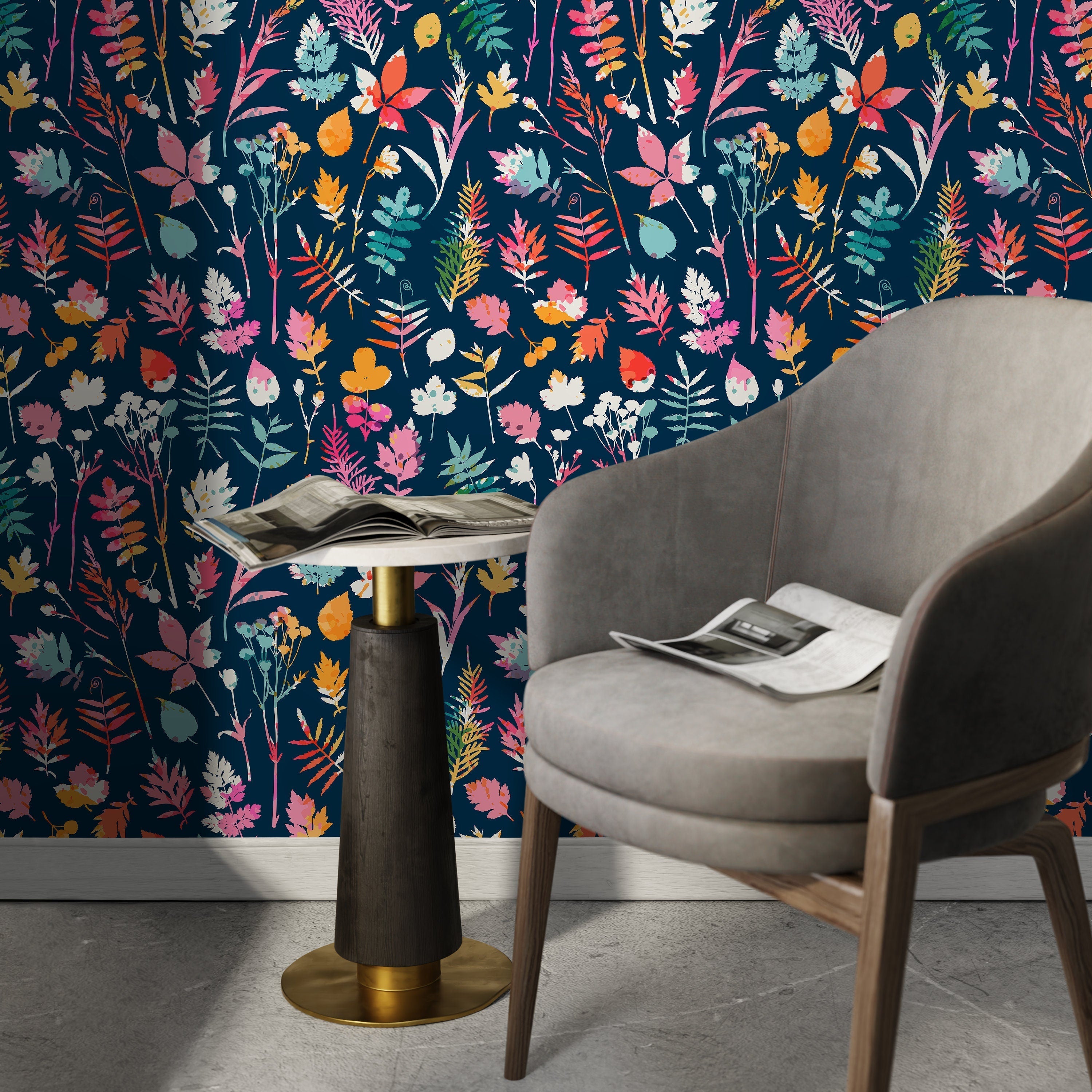 Botanical Wallpaper With A Colorful Leaf Medley In Pink, Orange, And Blue - D936