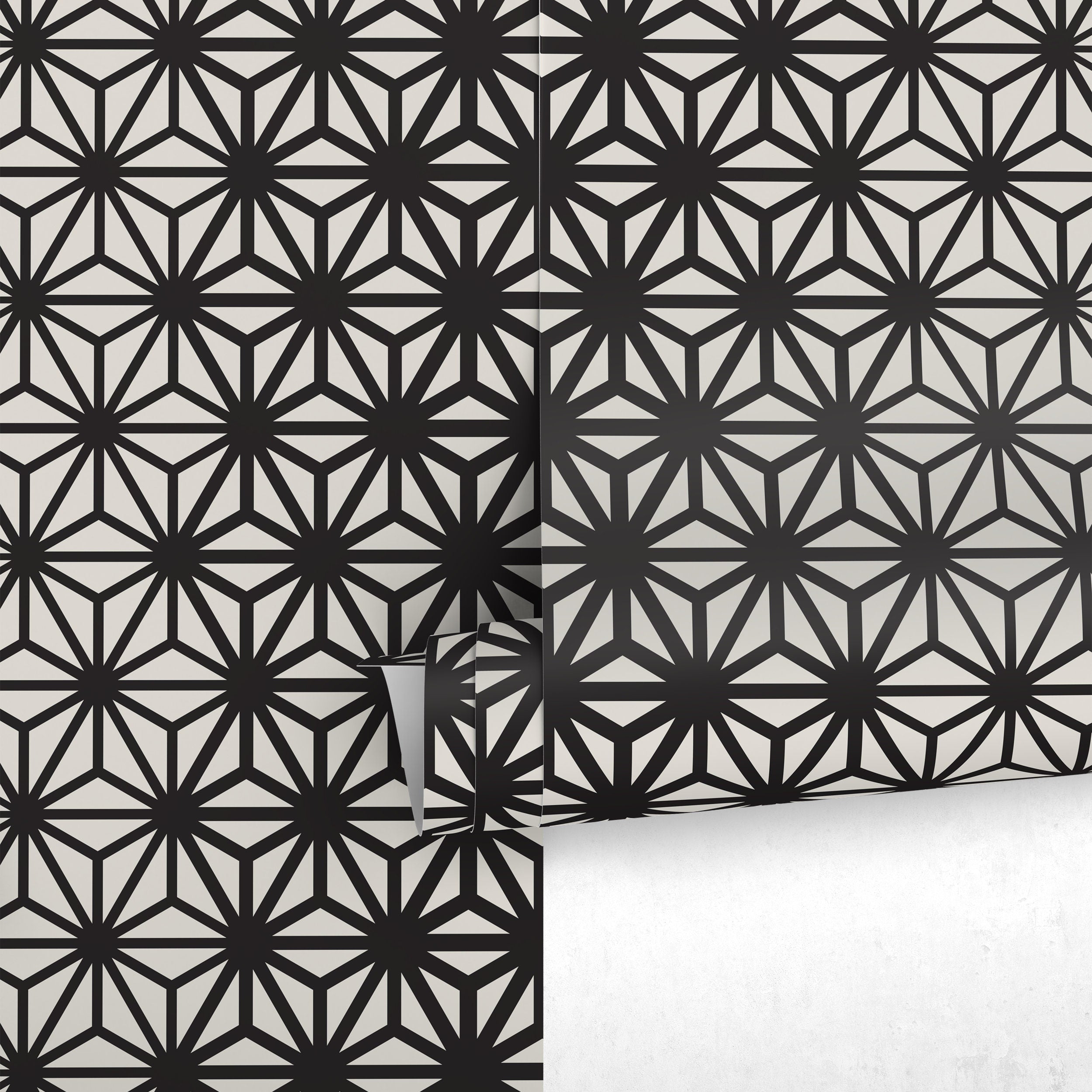 Geometric Wallpaper With A Starburst Asanoha Motif In Black And White - D937