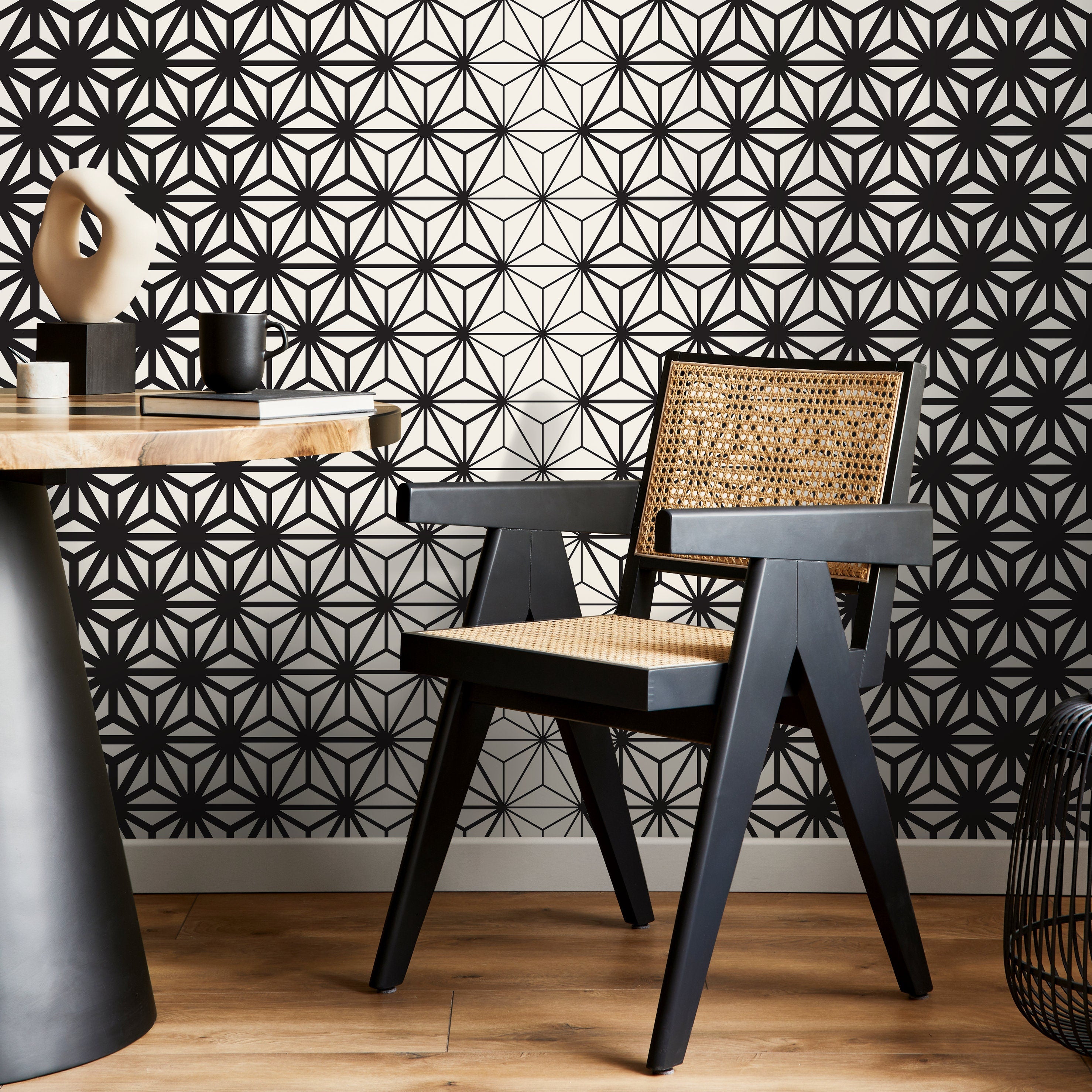 Geometric Wallpaper With A Starburst Asanoha Motif In Black And White - D937