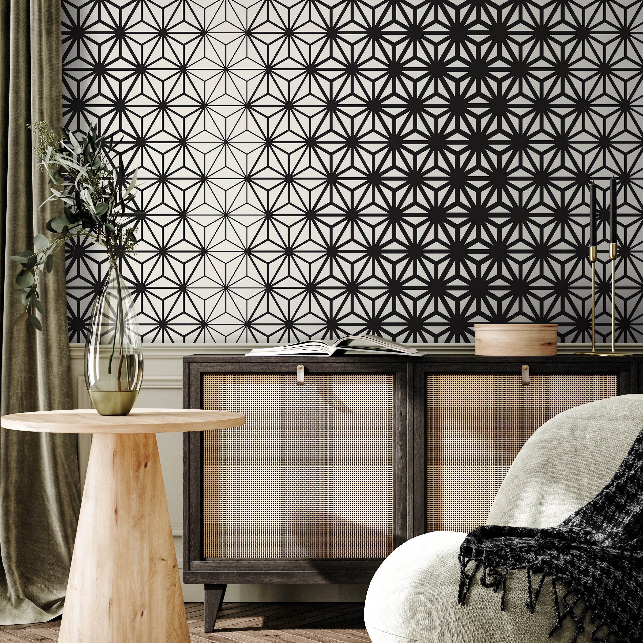 Geometric Wallpaper With A Starburst Asanoha Motif In Black And White - D937