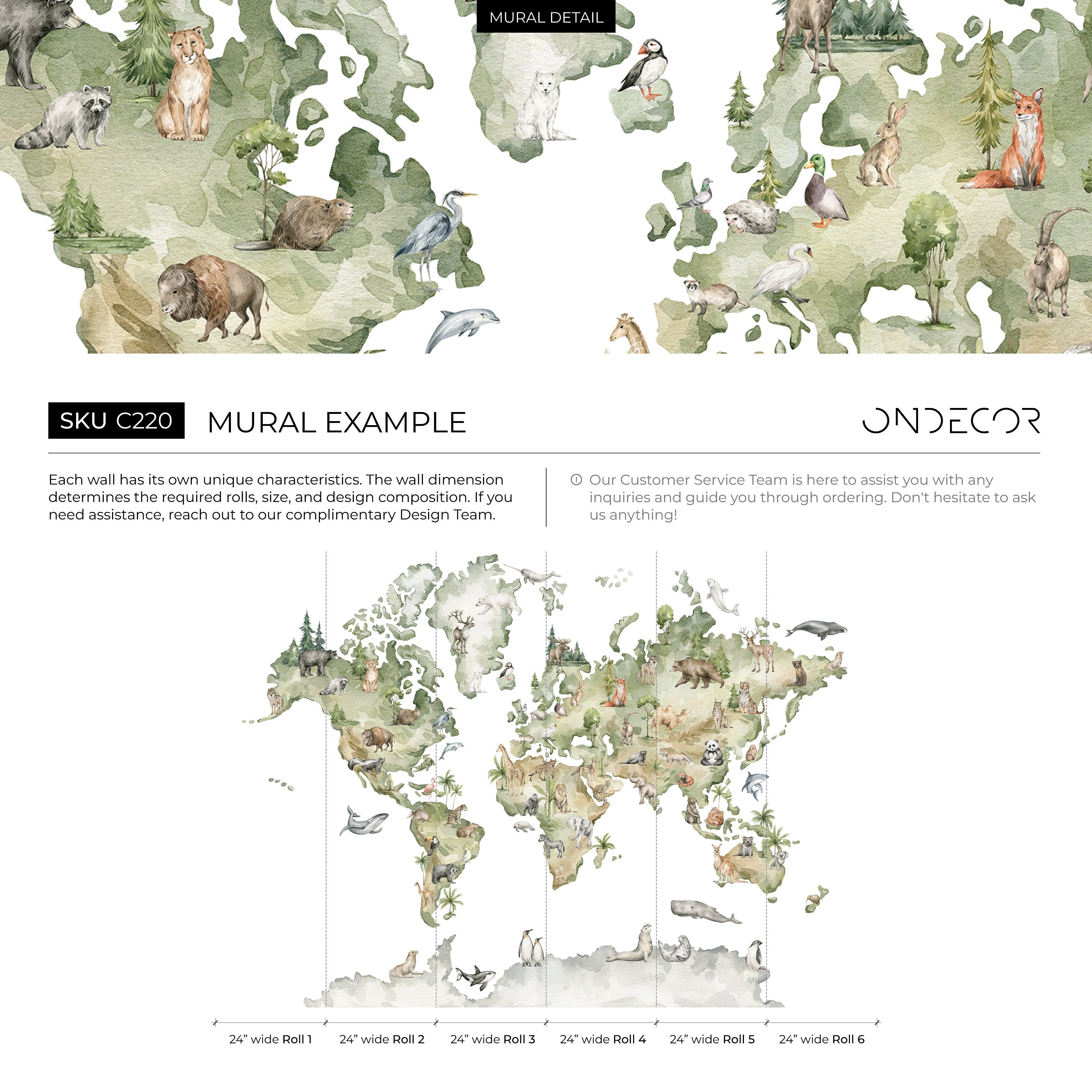 World Map Wallpaper Featuring Animals Of The World In Green And Beige - C220