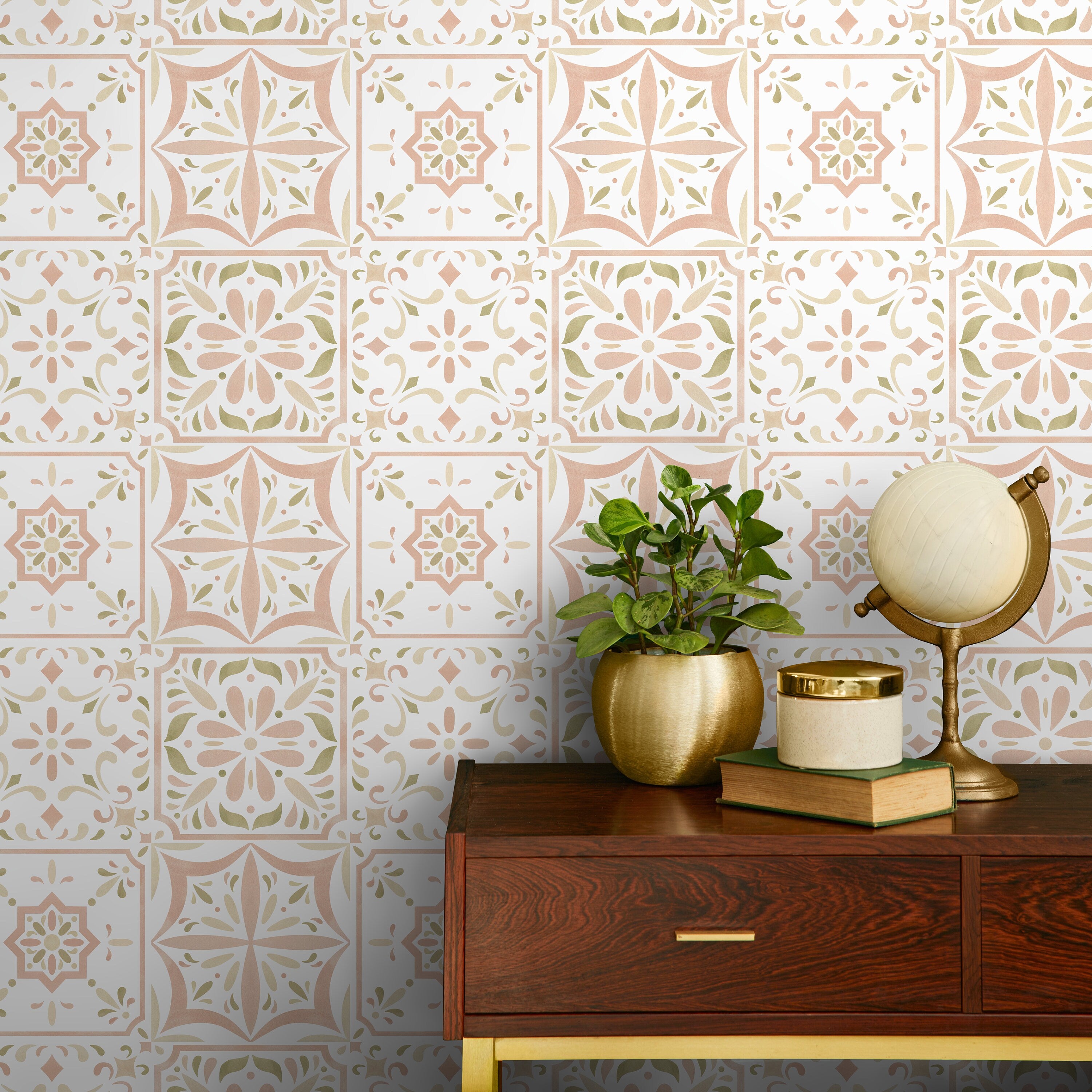Tile Wallpaper With A Mediterranean Floral Motif In Pink, Green, And Beige - D945