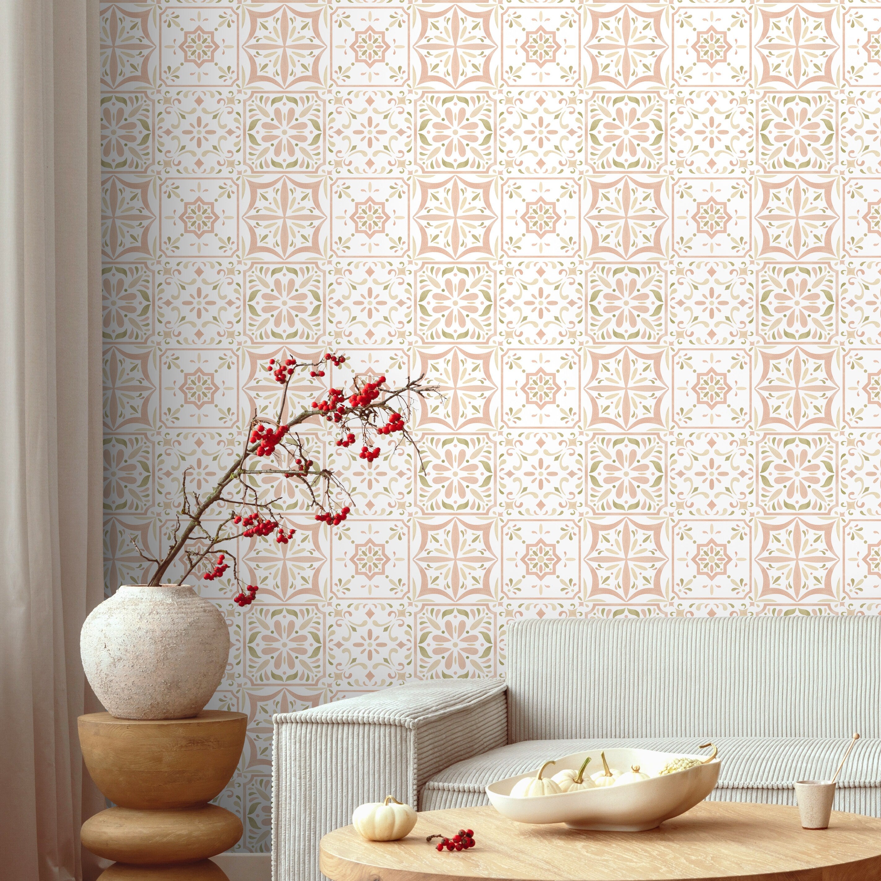 Tile Wallpaper With A Mediterranean Floral Motif In Pink, Green, And Beige - D945
