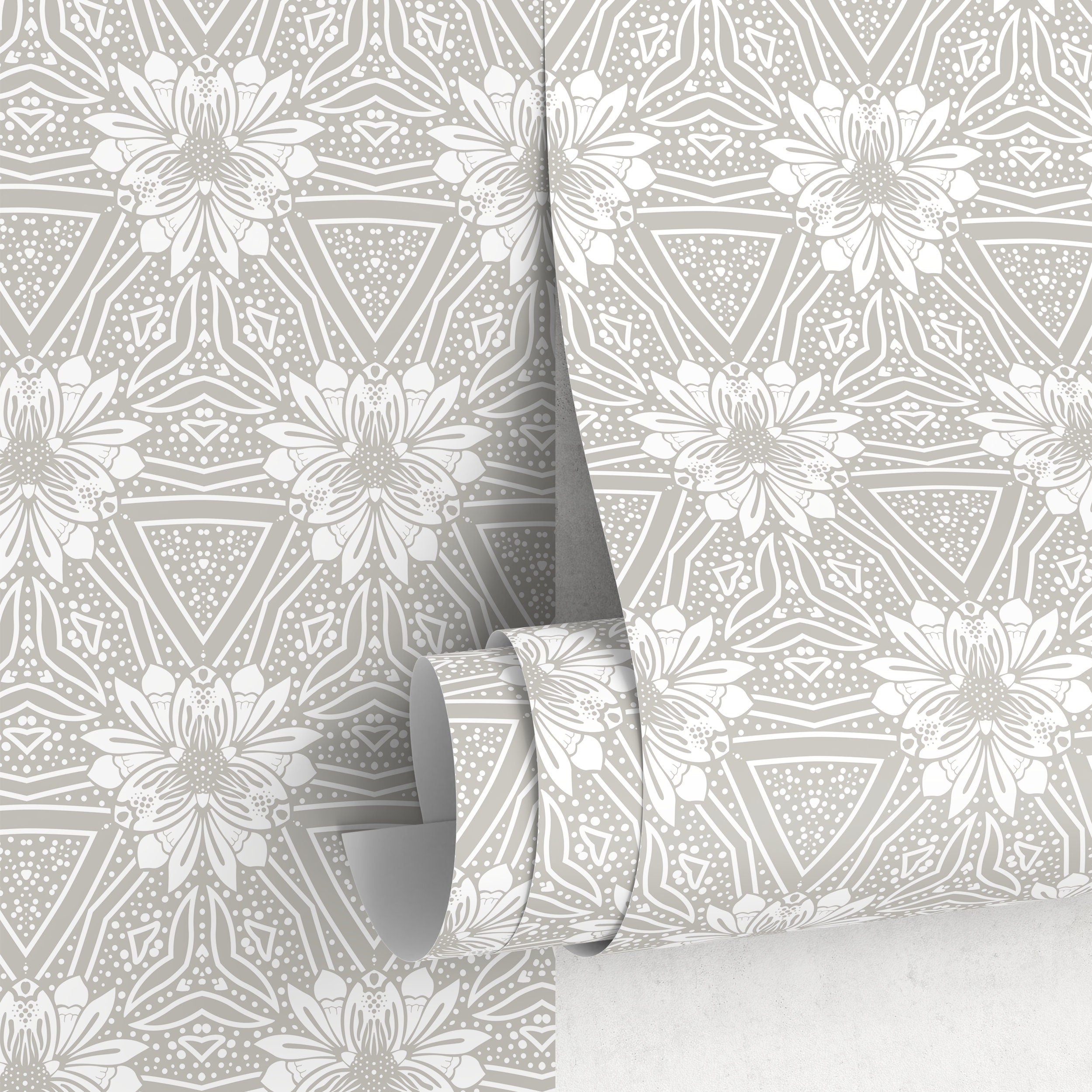 Scandinavian Wallpaper With A Geometric Floral Motif In Sage Green And White - X023