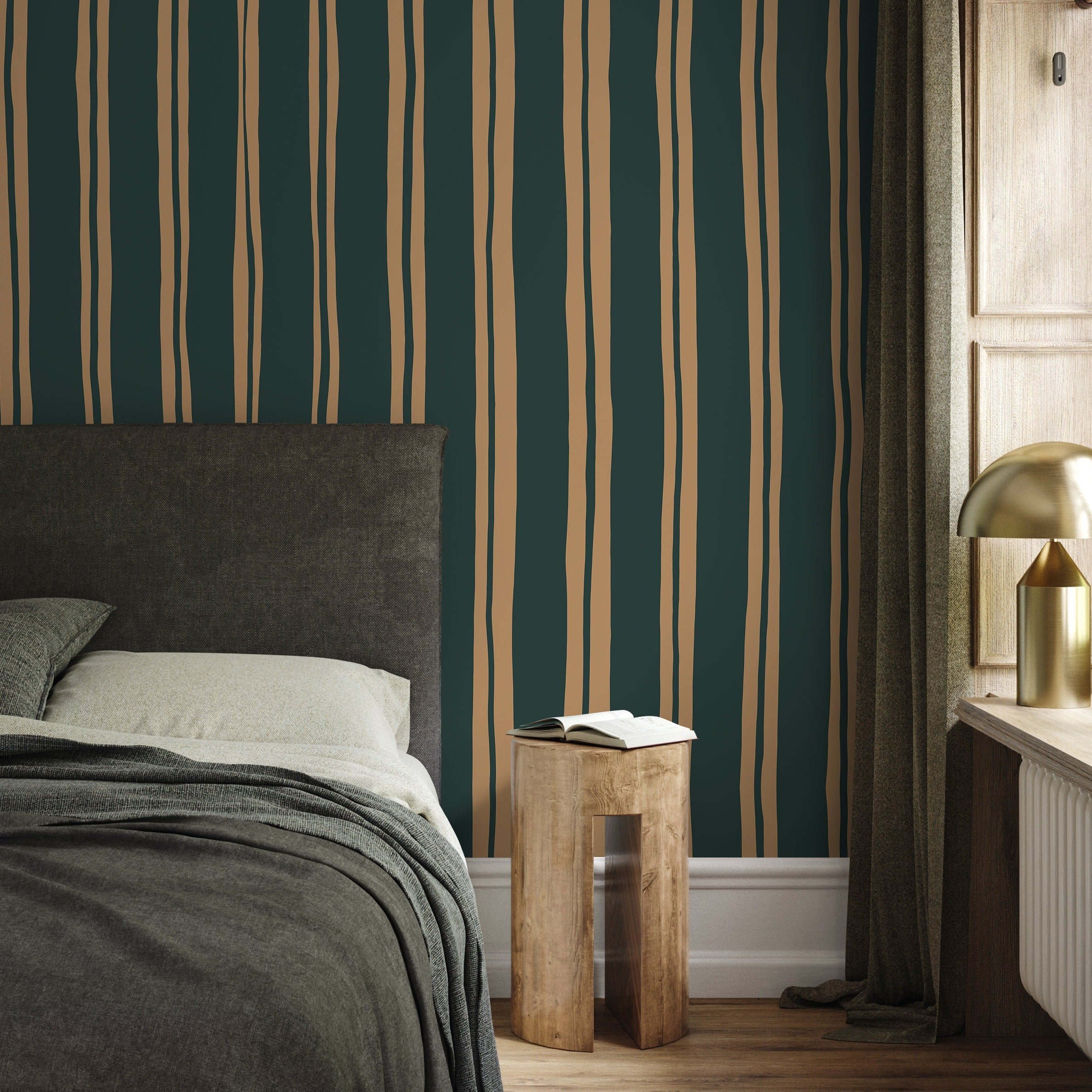 Striped Wallpaper With Wavy Hand-drawn Lines In Dark Green And Beige - D766