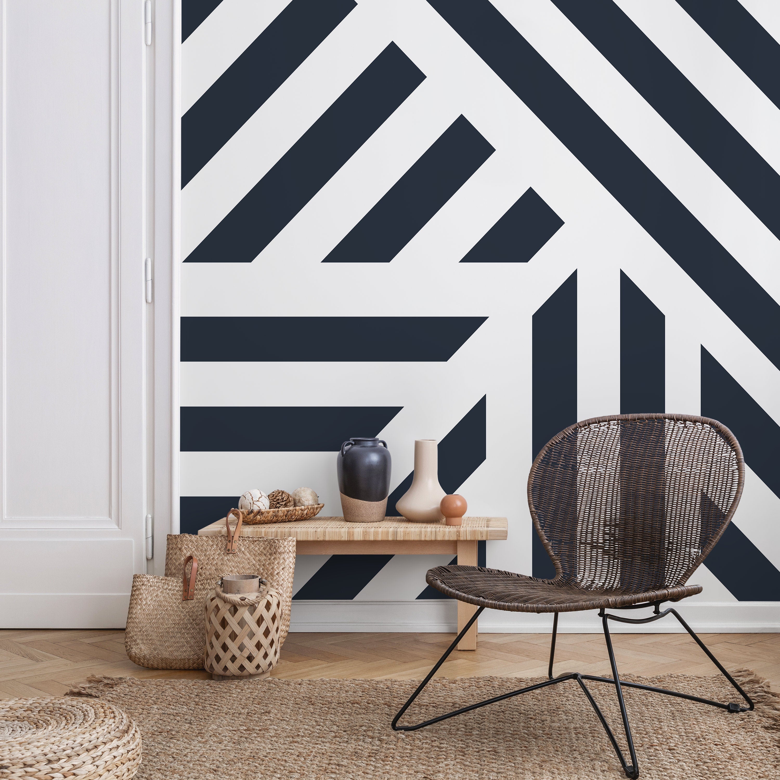 Geometric Wallpaper With Bold Intersecting Stripes In Navy Blue - D731