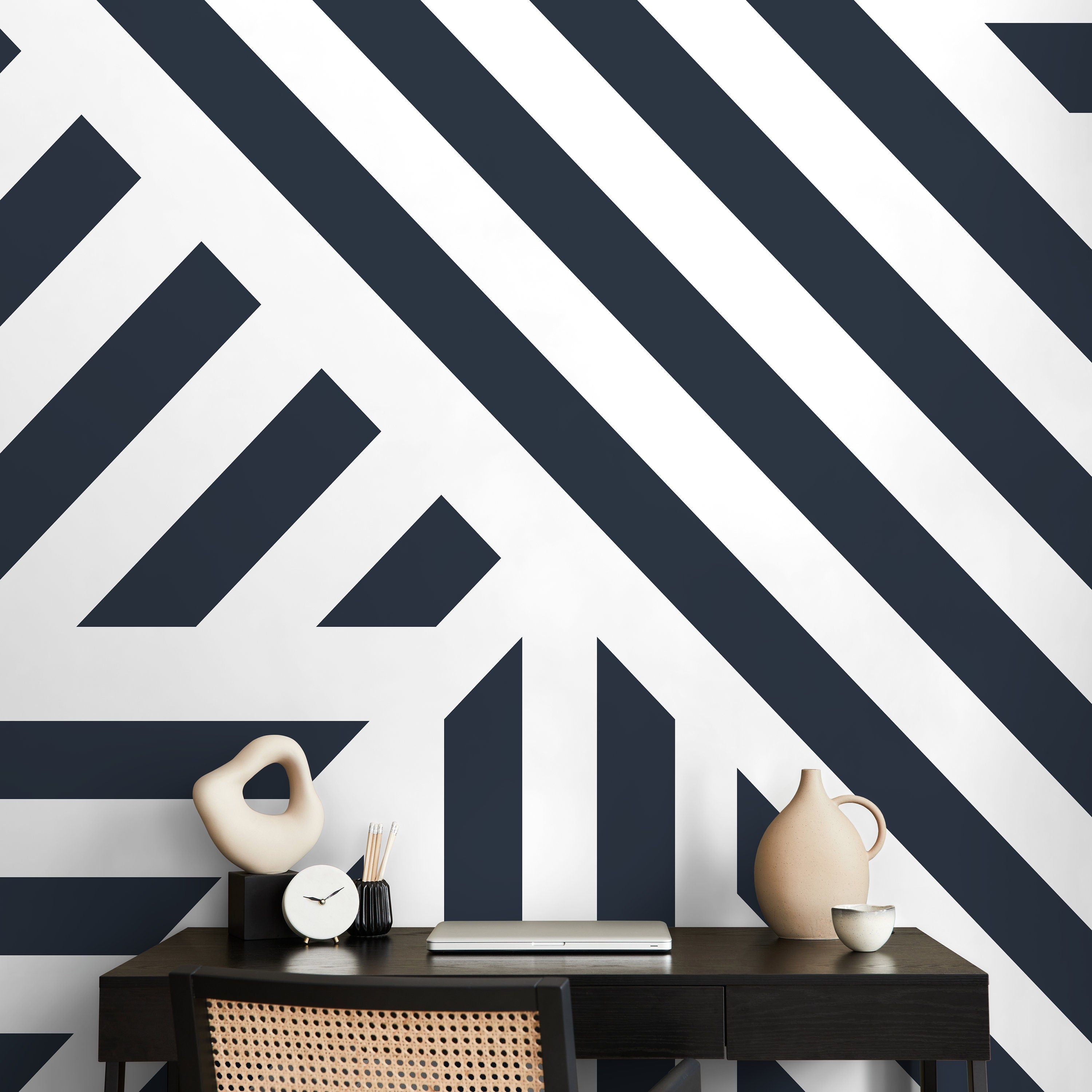 Geometric Wallpaper With Bold Intersecting Stripes In Navy Blue - D731