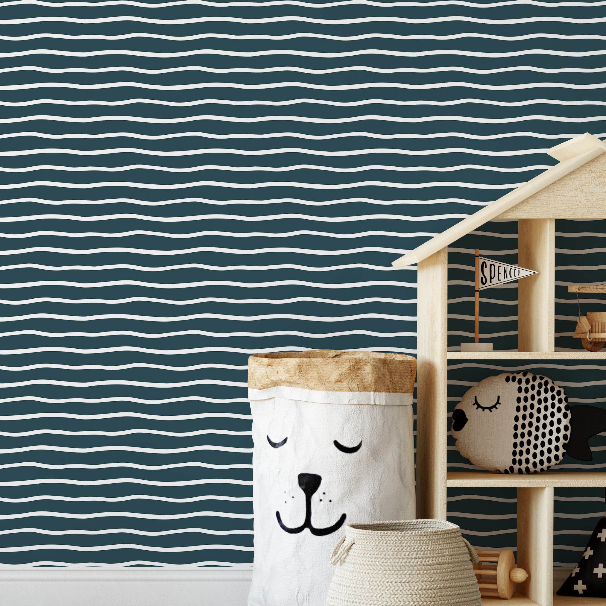 Abstract Wallpaper With Wavy Hand-drawn Lines In Dark Blue And White - D751