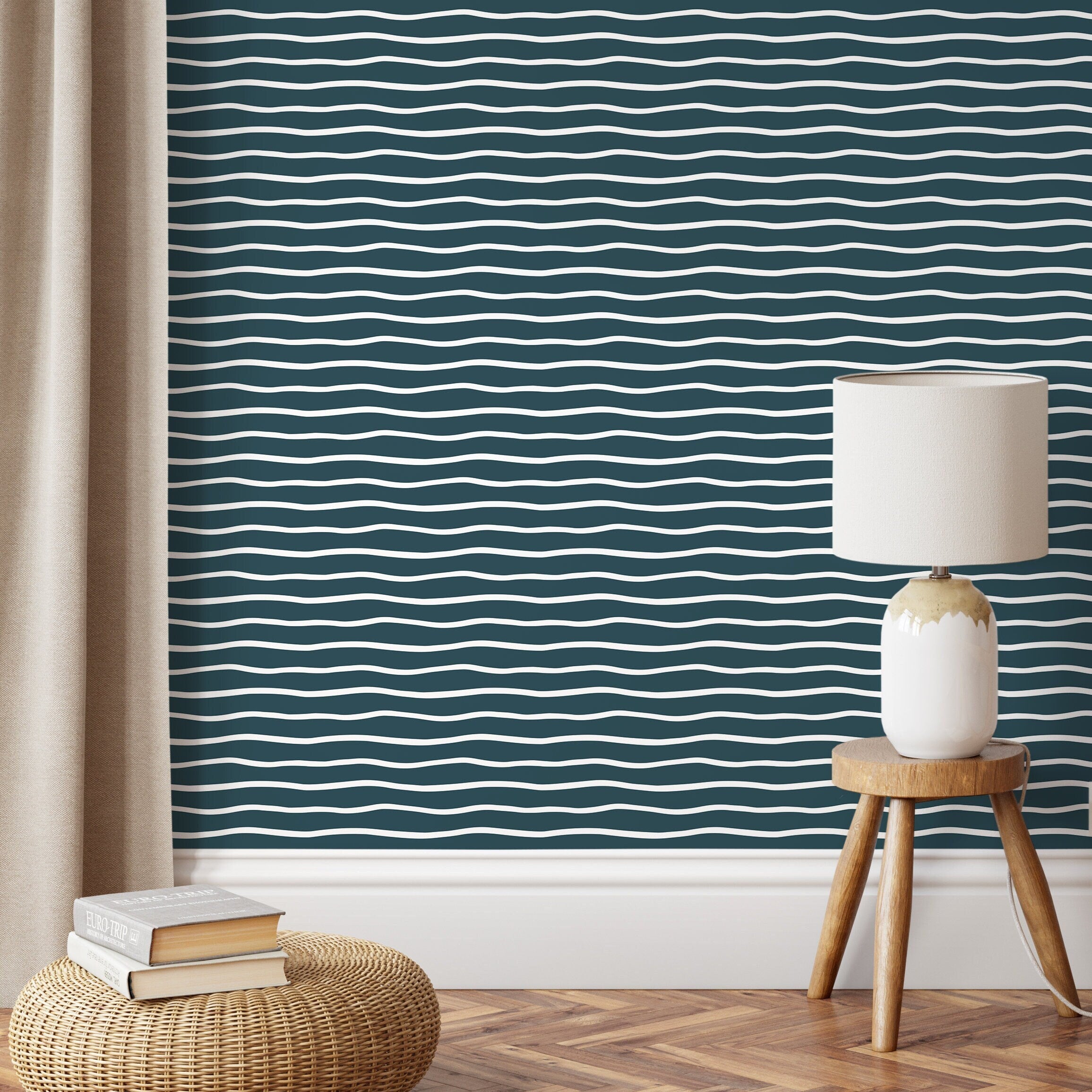 Abstract Wallpaper With Wavy Hand-drawn Lines In Dark Blue And White - D751