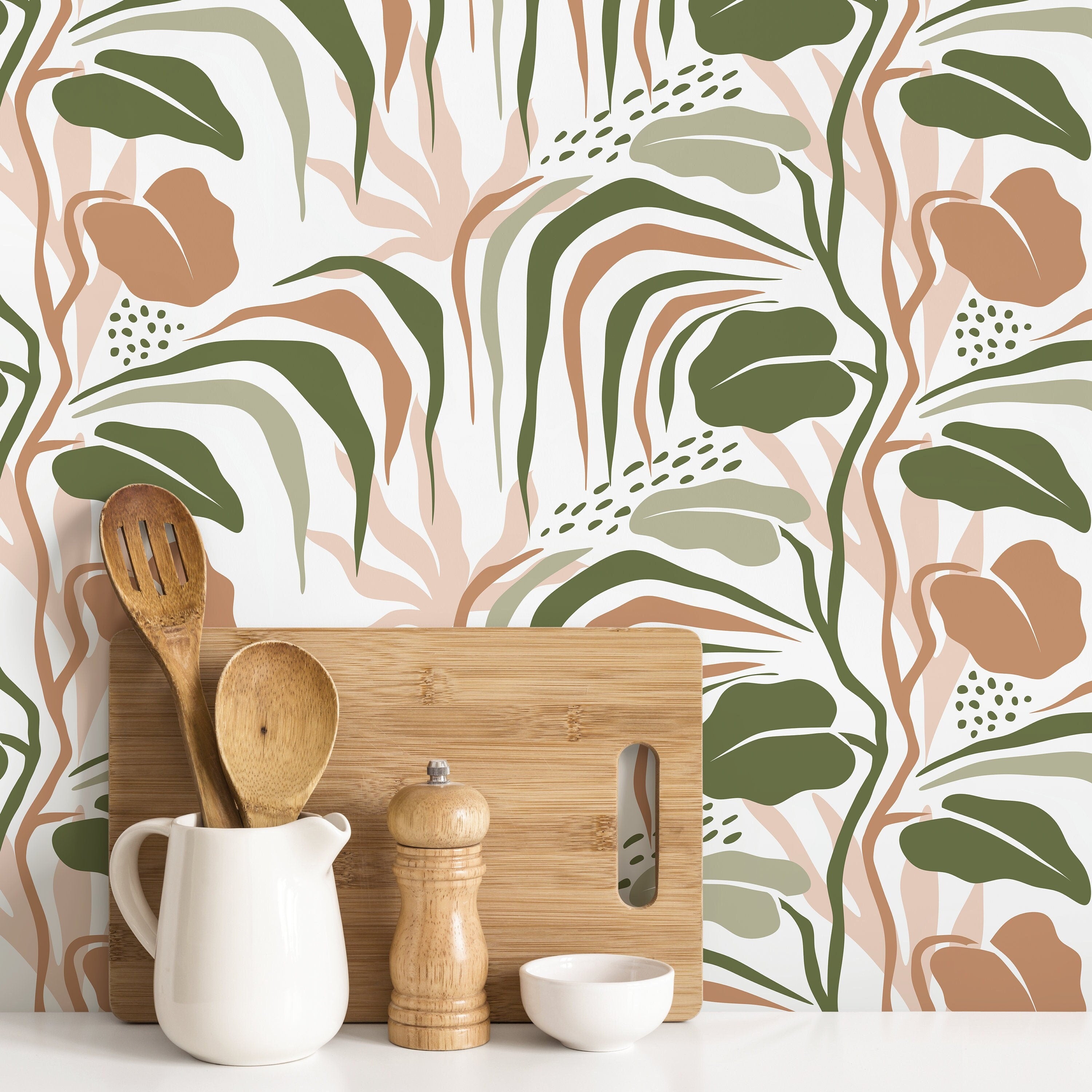 Botanical Wallpaper With Abstract Tropical Leaves In Green, Terracotta, And Pink - D719
