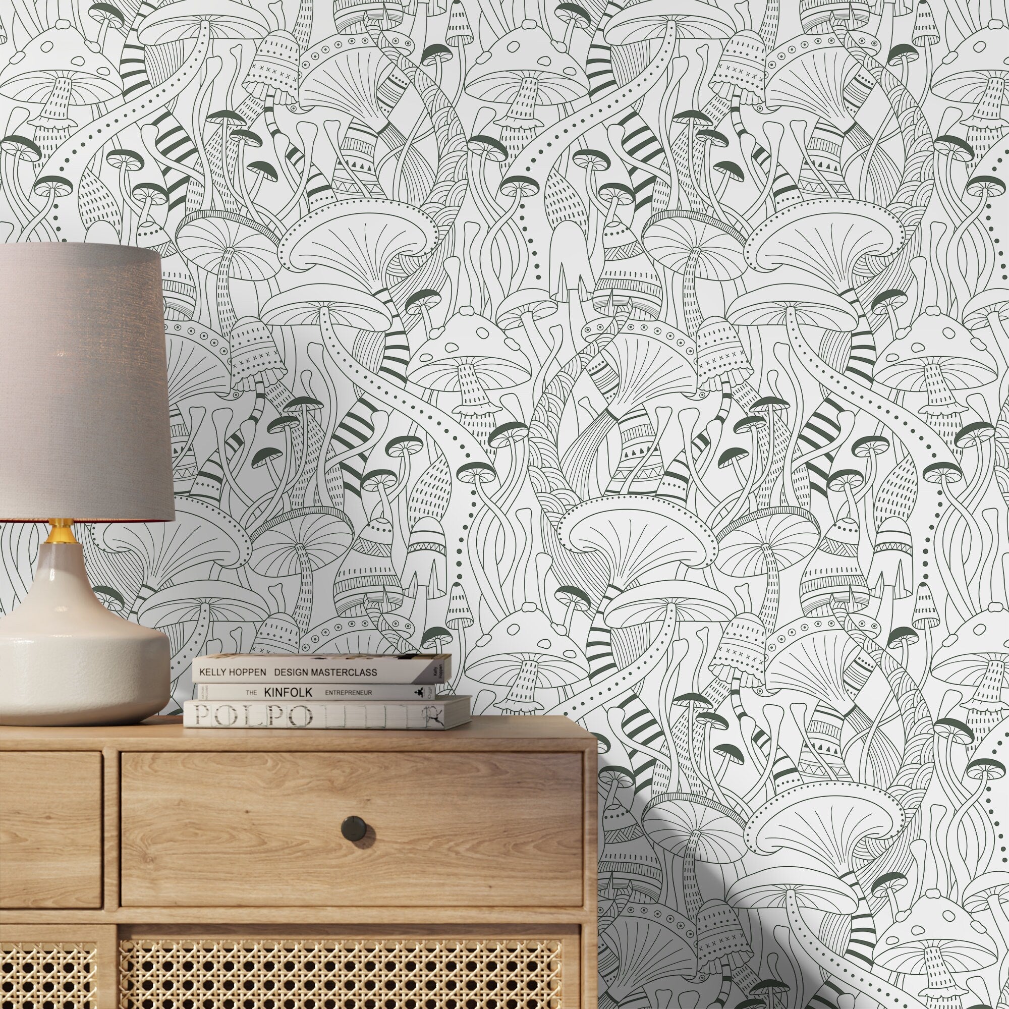 Mushroom Wallpaper With A Modern Line Art Motif In Green - D812