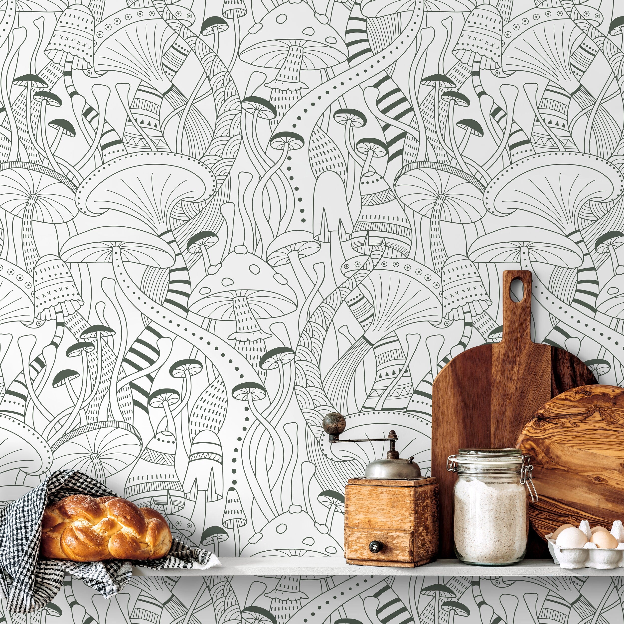 Mushroom Wallpaper With A Modern Line Art Motif In Green - D812