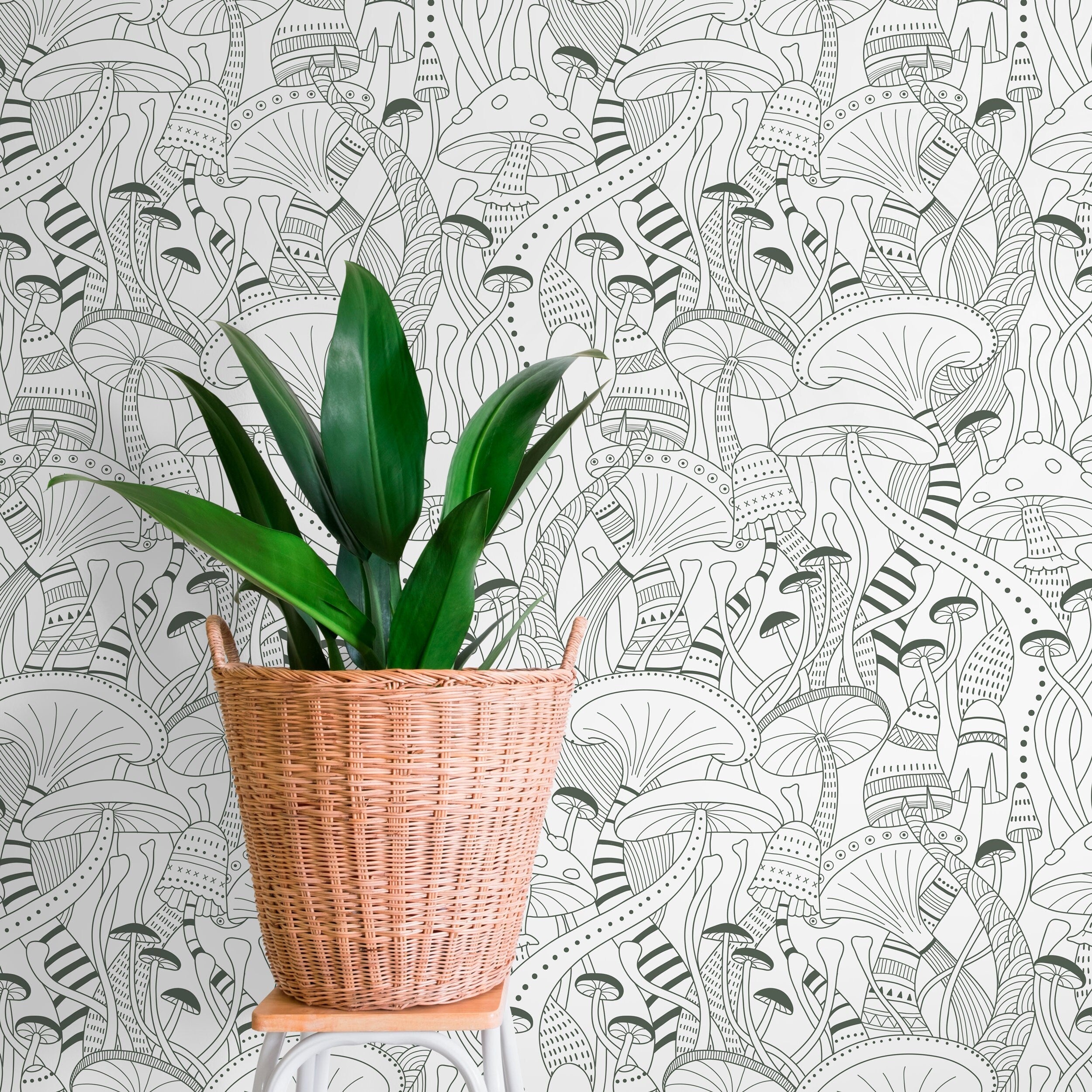 Mushroom Wallpaper With A Modern Line Art Motif In Green - D812