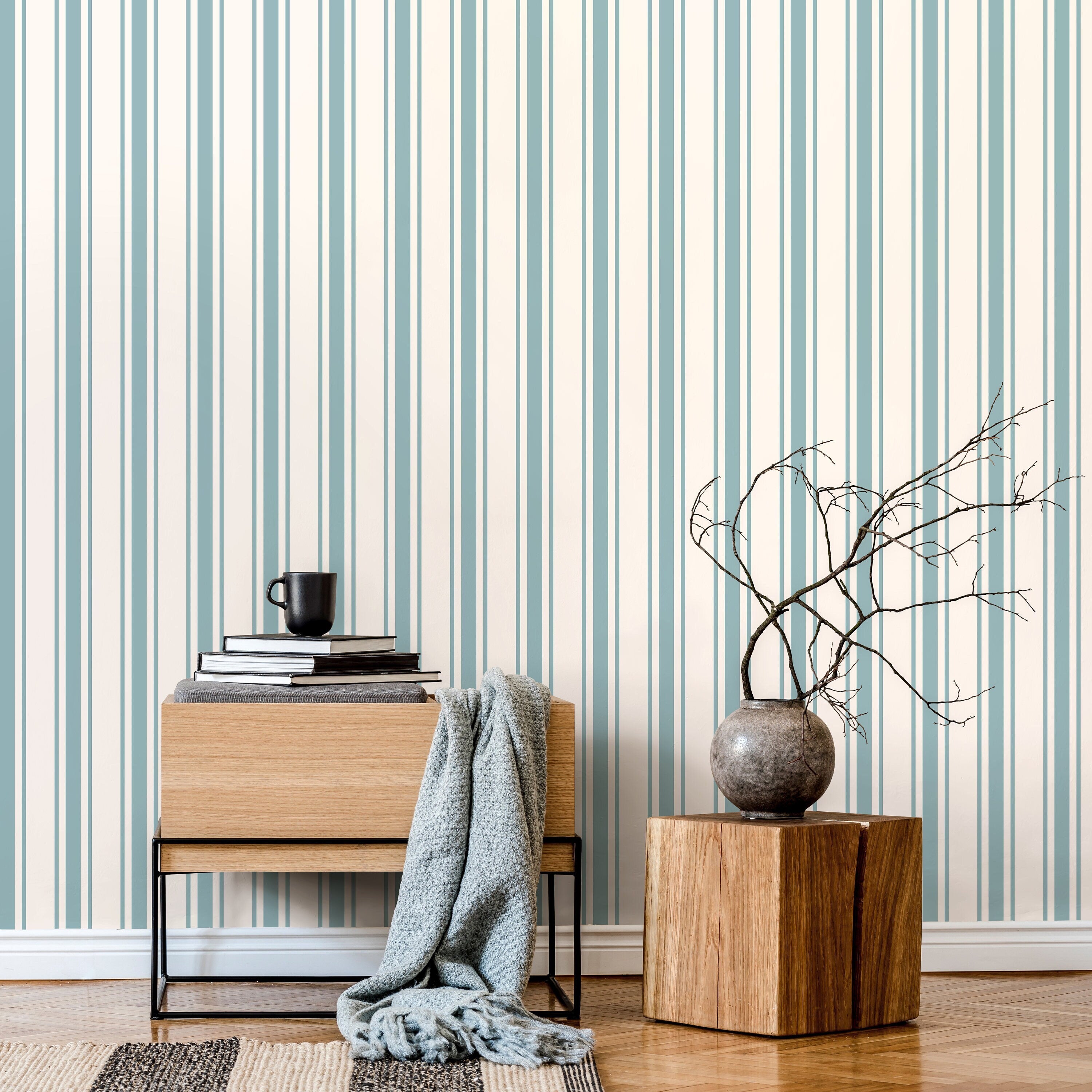 Vintage Striped Wallpaper With Classic Lines In Light Blue And Cream - D758