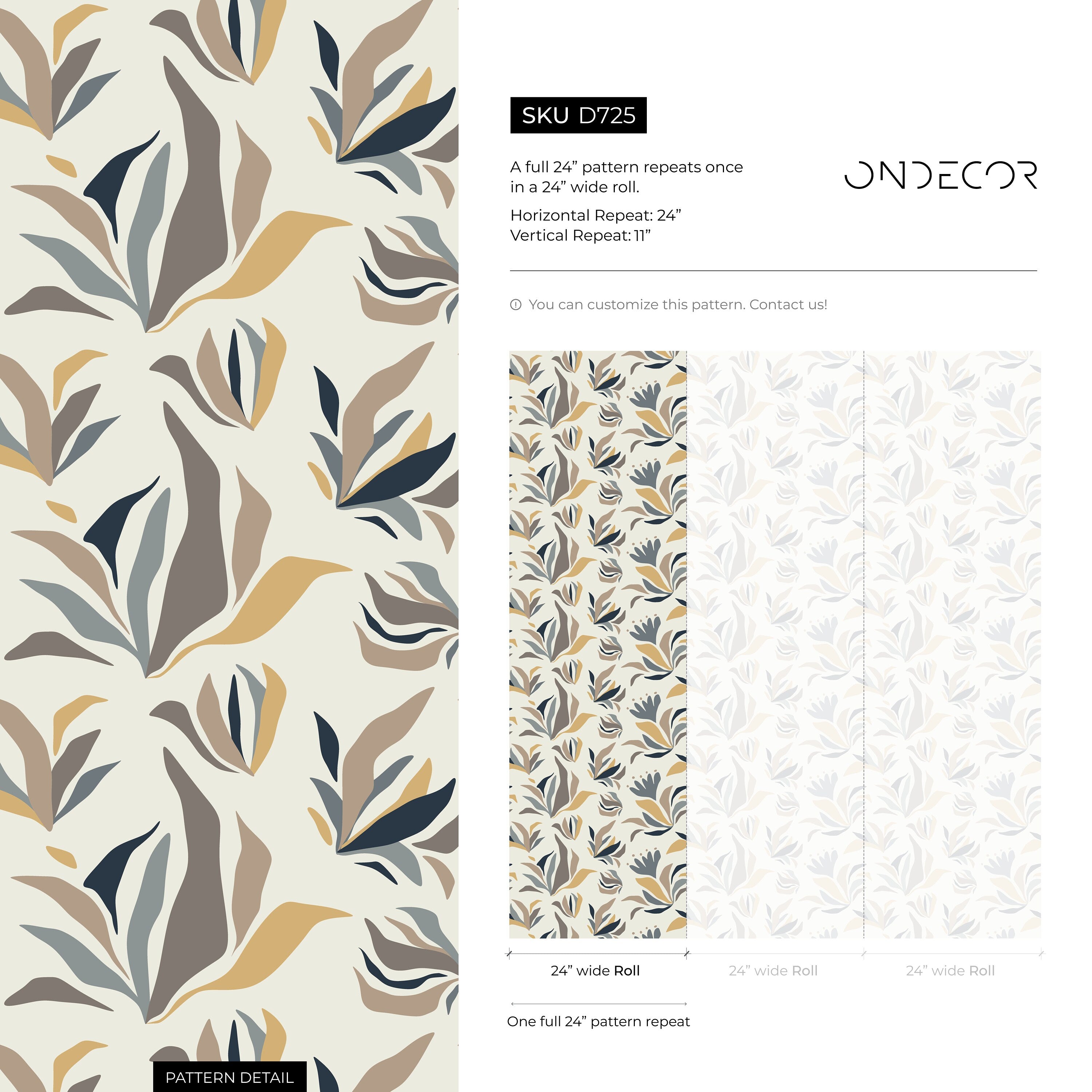 Botanical Wallpaper Featuring Abstract Floral Elements In Blue, Gold, And Taupe - D725