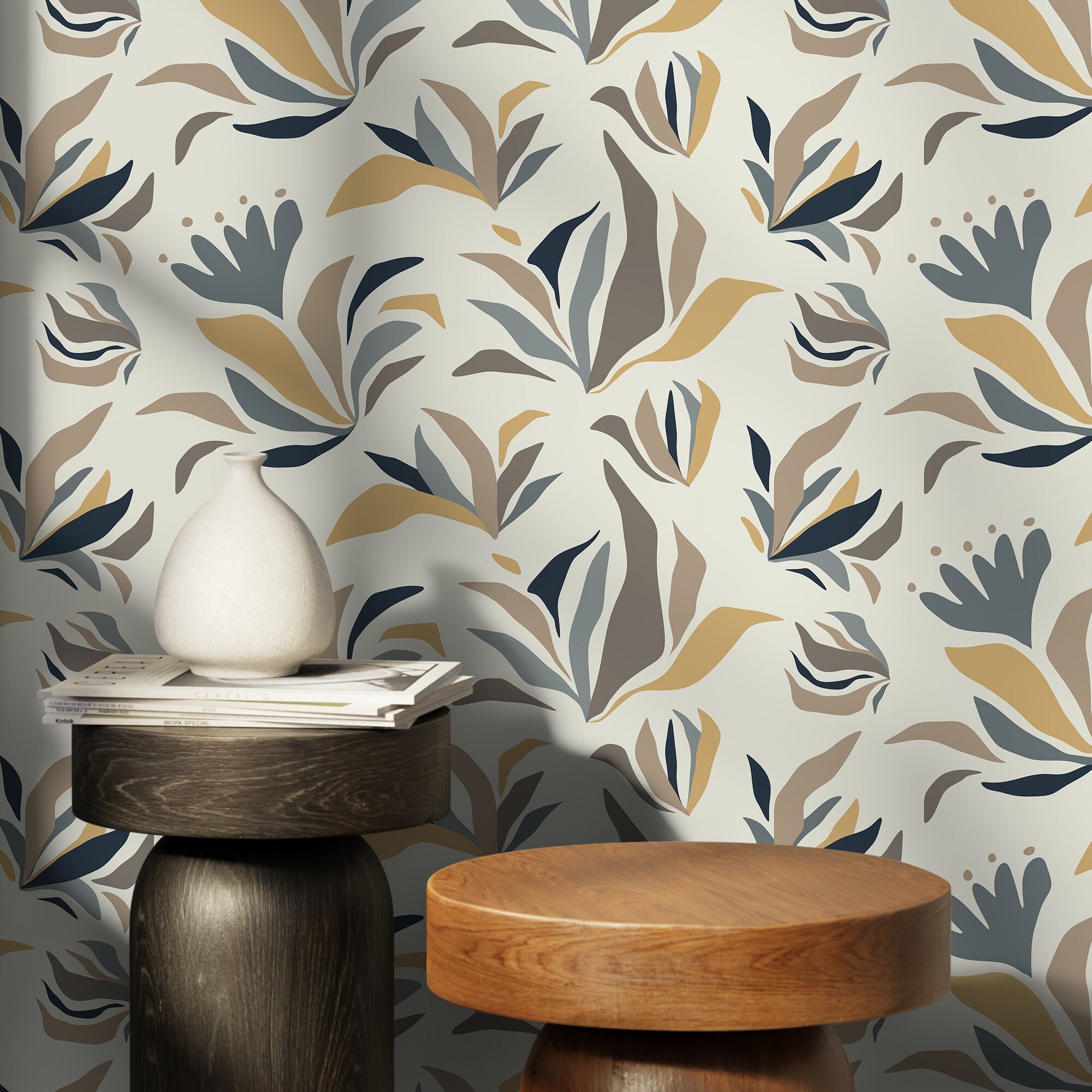 Botanical Wallpaper Featuring Abstract Floral Elements In Blue, Gold, And Taupe - D725