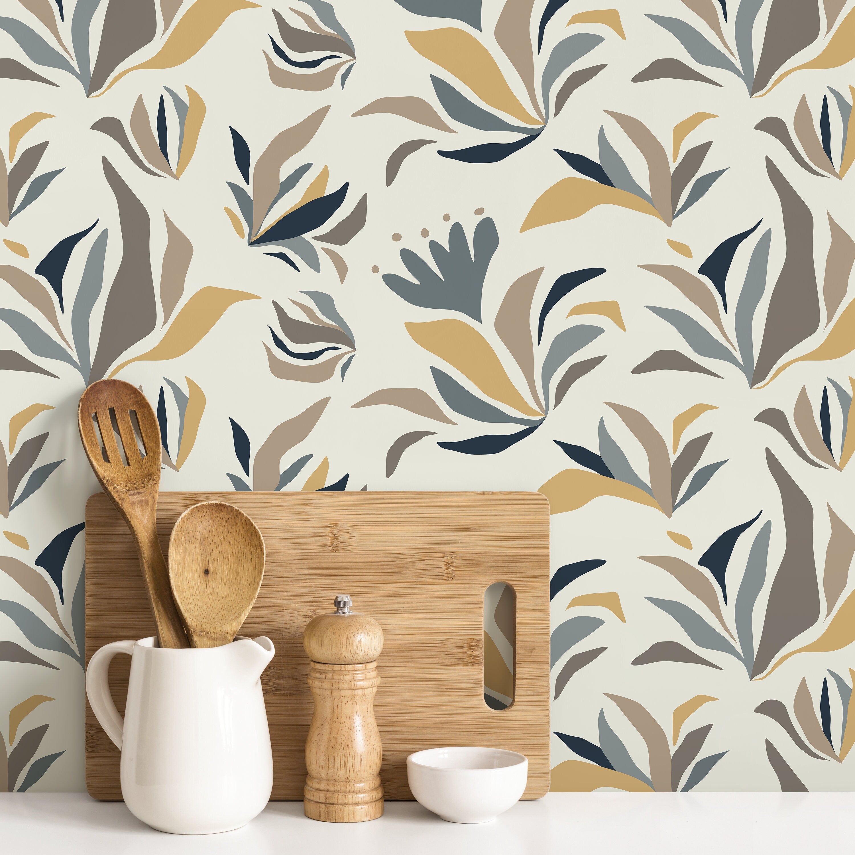 Botanical Wallpaper Featuring Abstract Floral Elements In Blue, Gold, And Taupe - D725