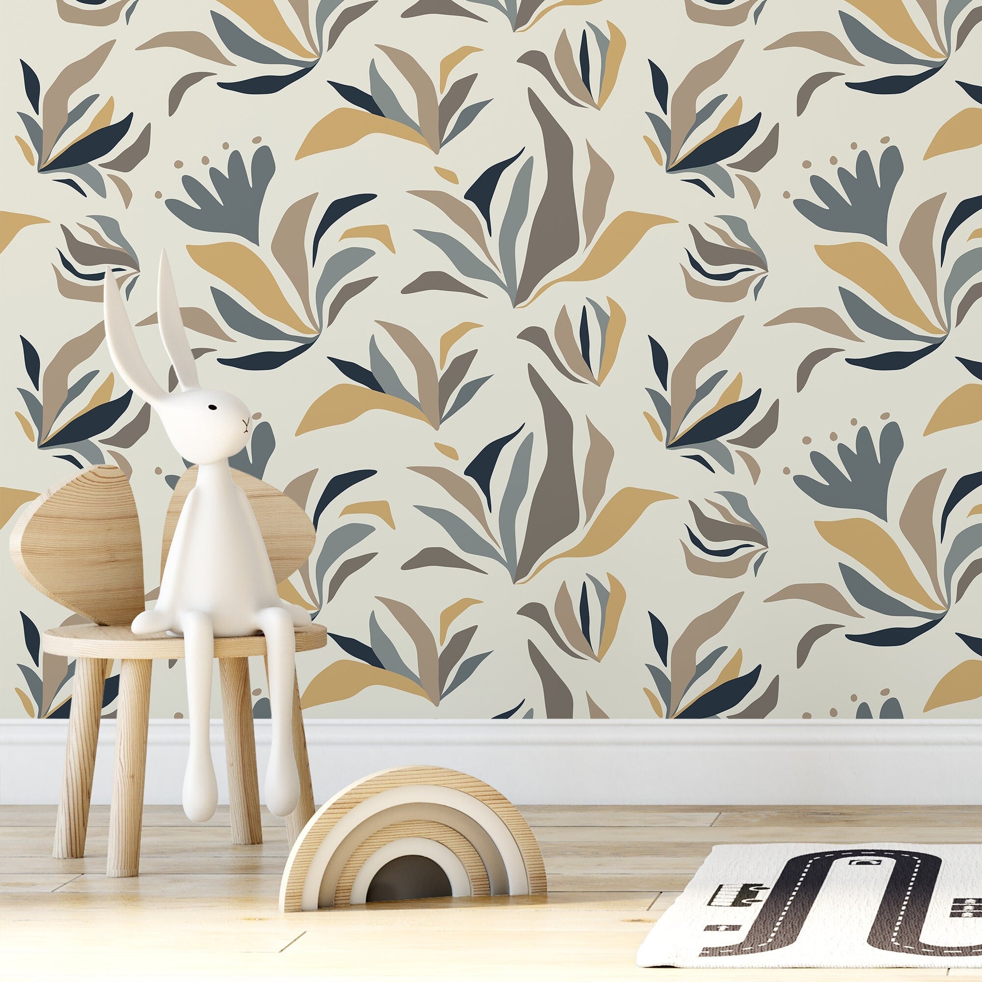 Botanical Wallpaper Featuring Abstract Floral Elements In Blue, Gold, And Taupe - D725