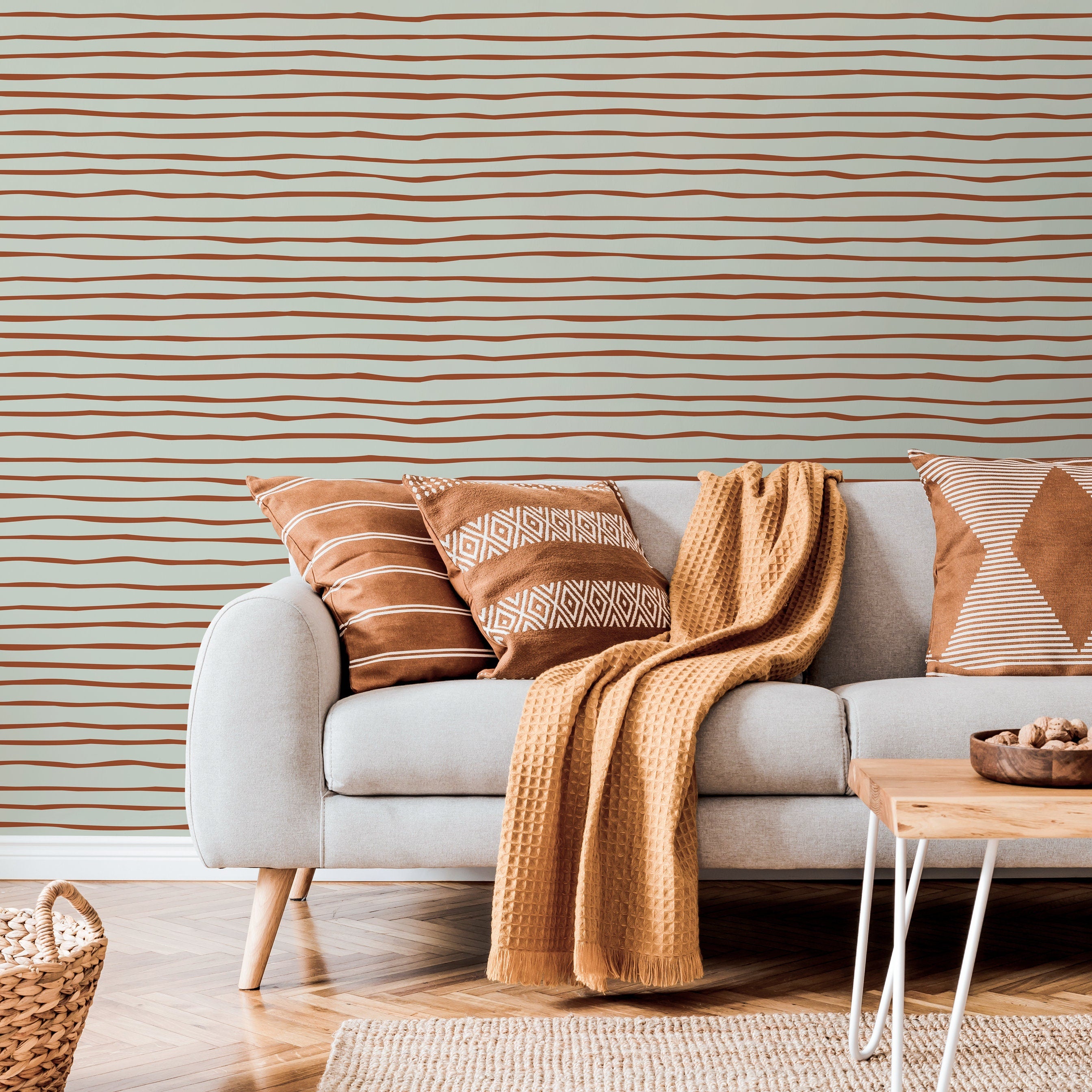 Boho Wallpaper With Modern Wavy Stripes In Terracotta And Sage - D775