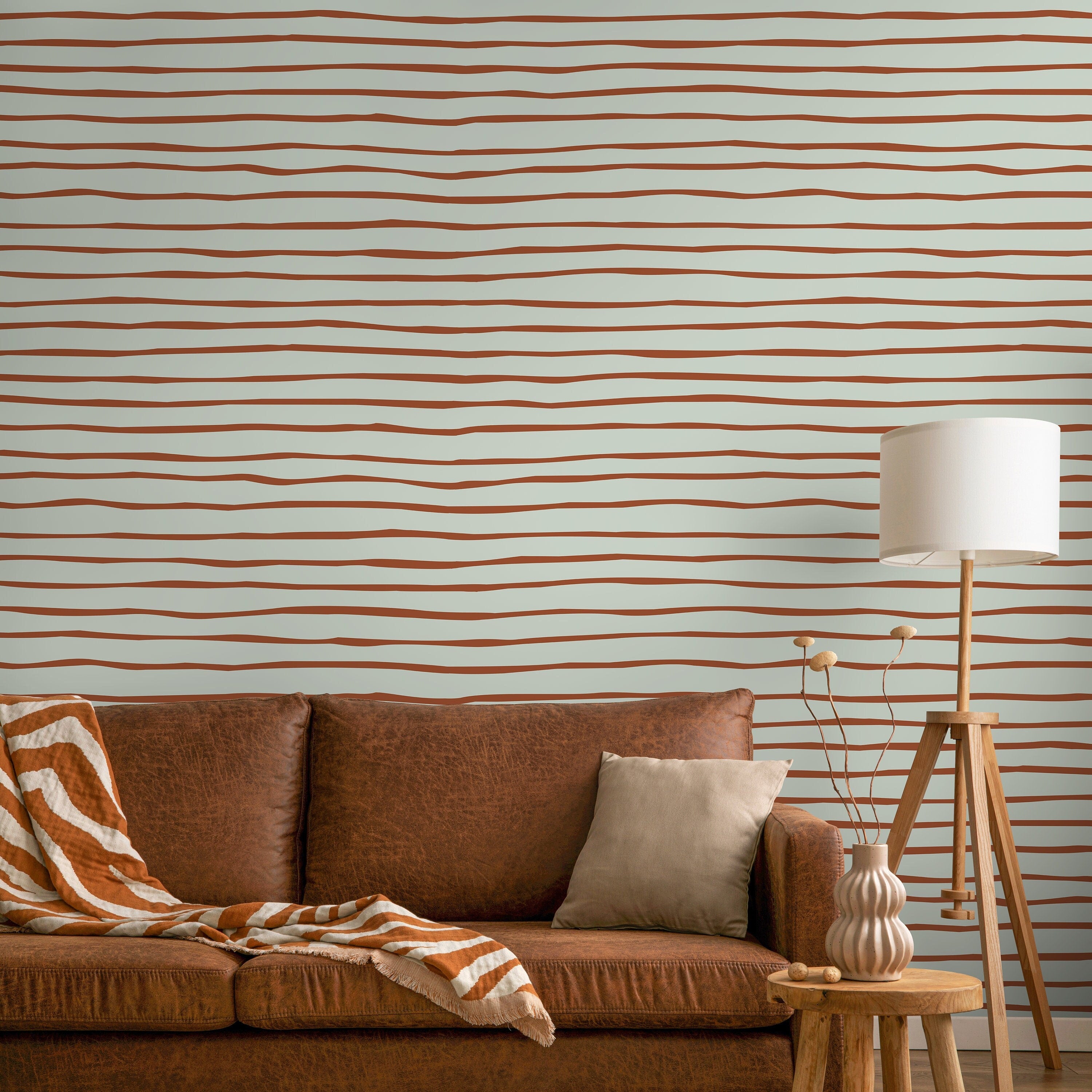 Boho Wallpaper With Modern Wavy Stripes In Terracotta And Sage - D775