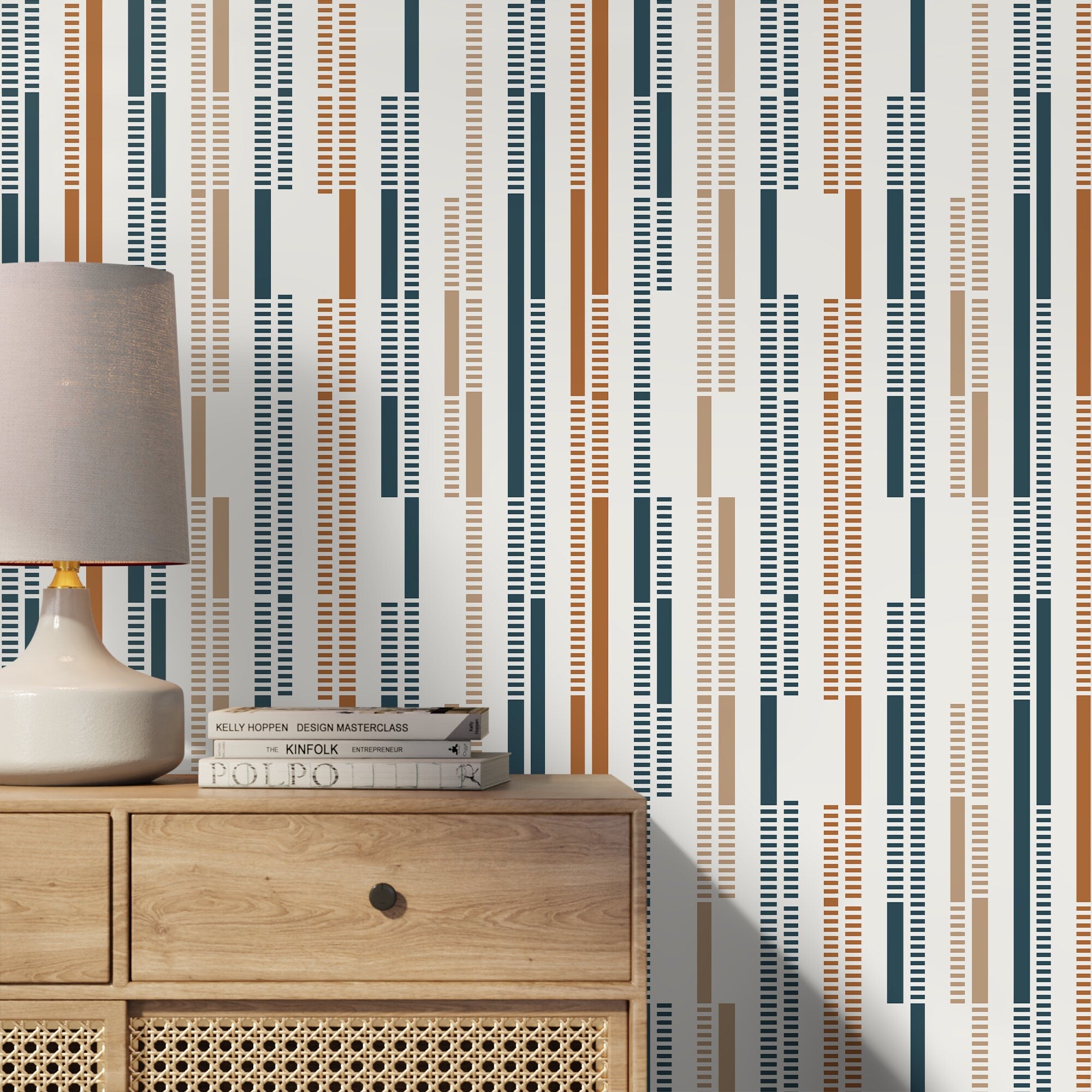 Geometric Wallpaper With Rhythmic Lines In Navy Blue, Terracotta, And Beige - D743
