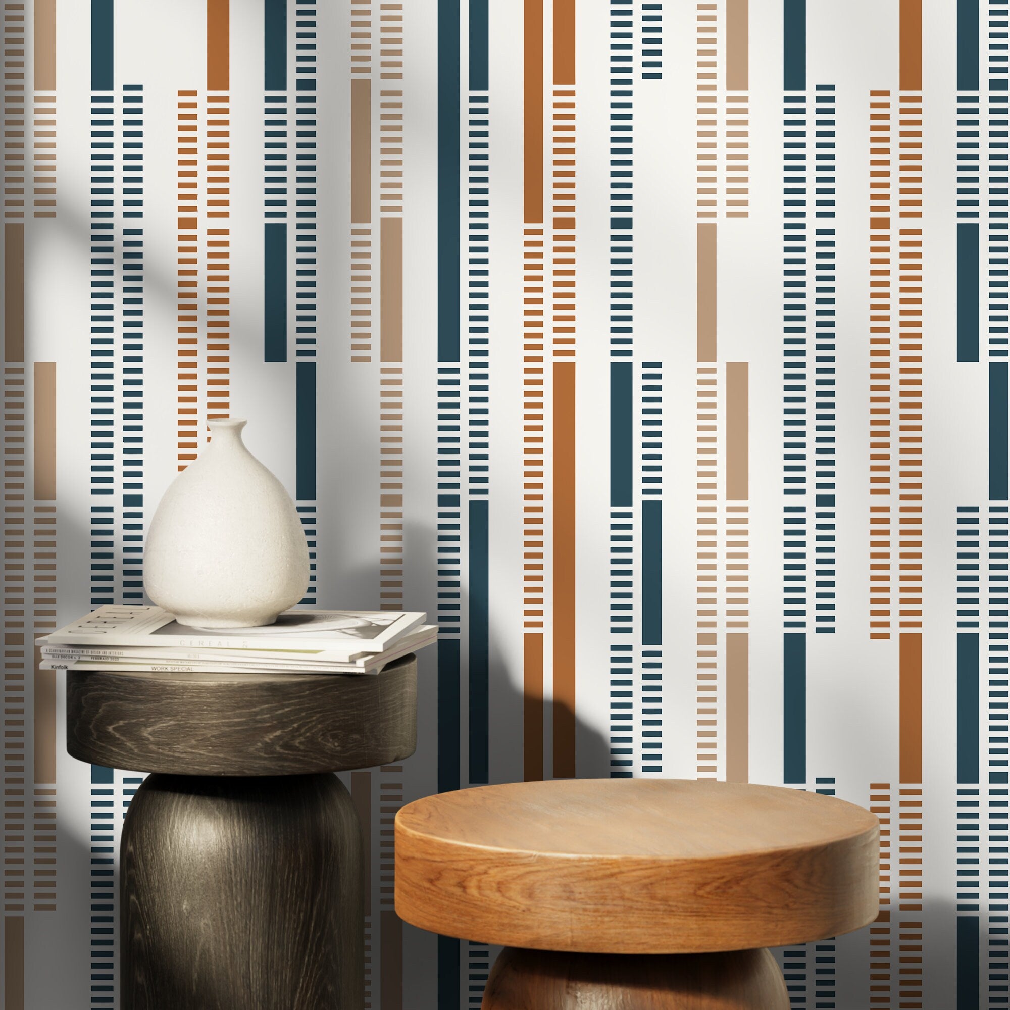 Geometric Wallpaper With Rhythmic Lines In Navy Blue, Terracotta, And Beige - D743