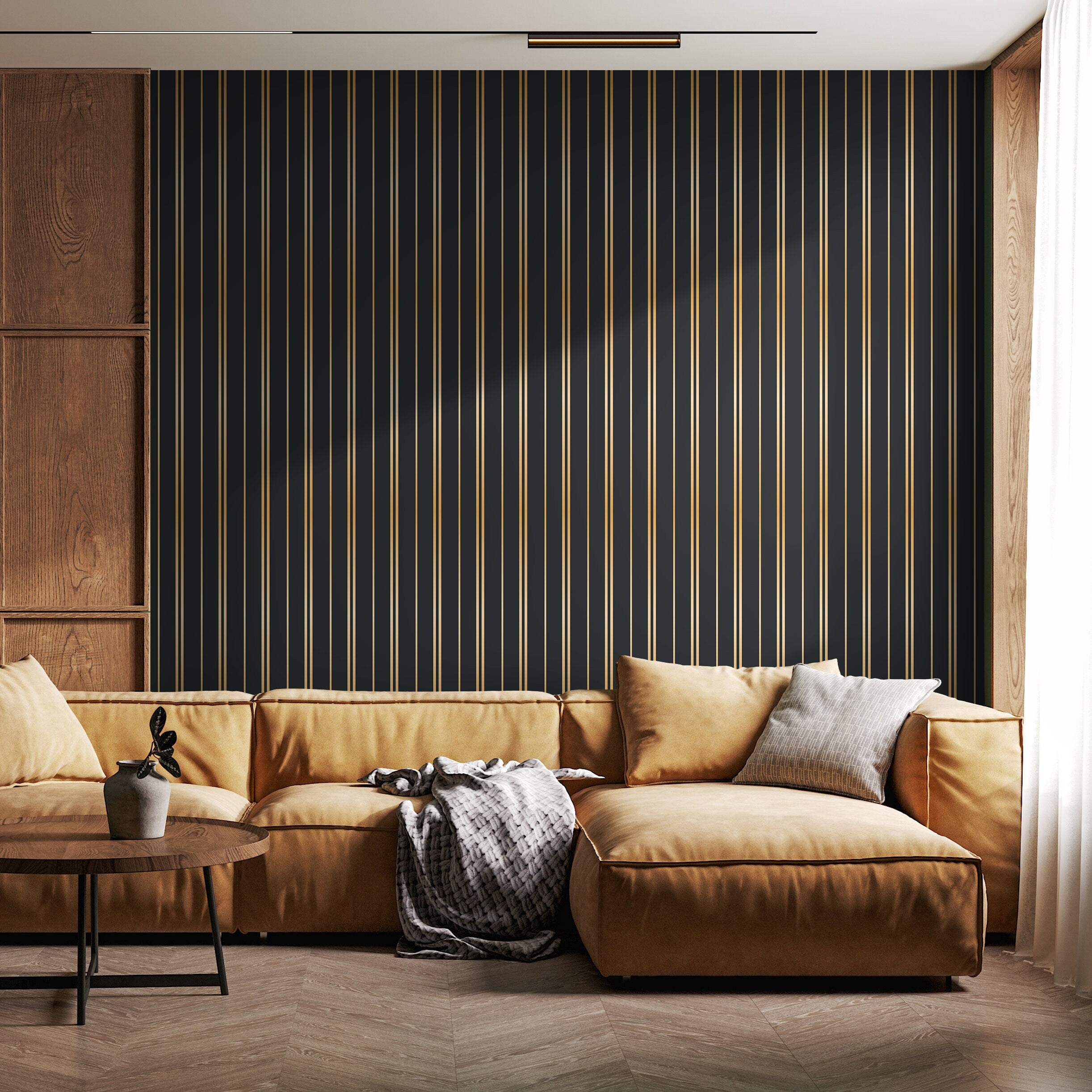 Art Deco Wallpaper With A Metallic Pinstripe Motif In Gold And Black - D771