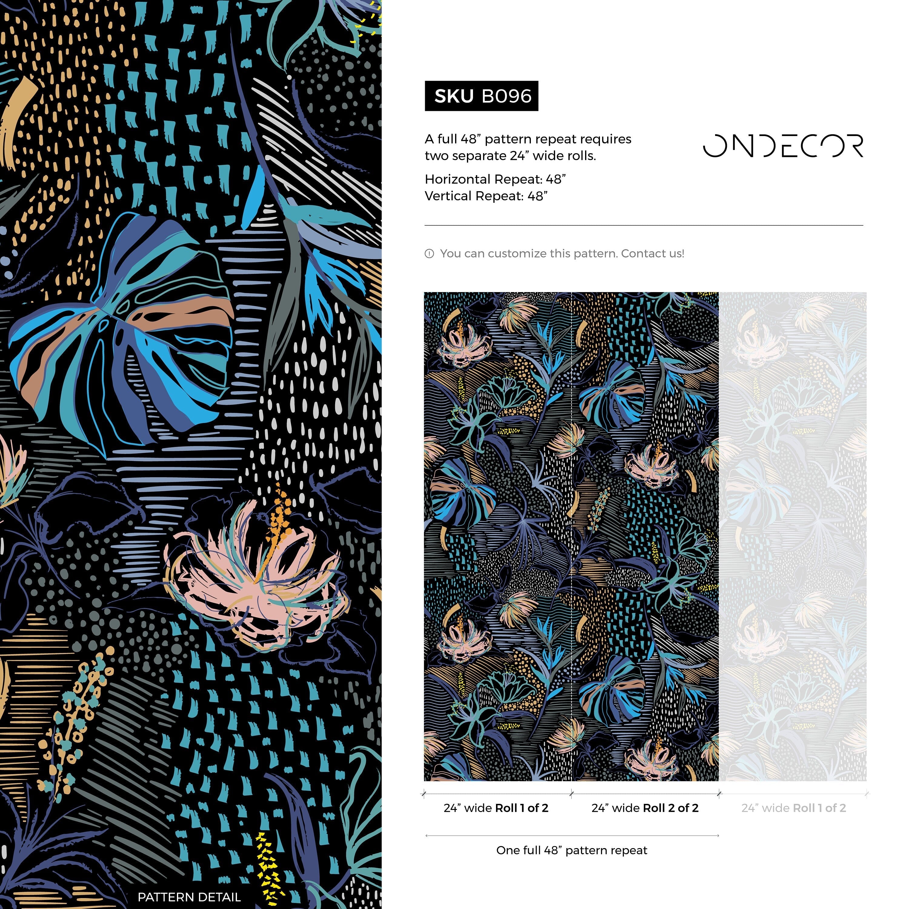 Abstract Wallpaper With Stylized Tropical Florals In Blue, Gold, And Pink - B096