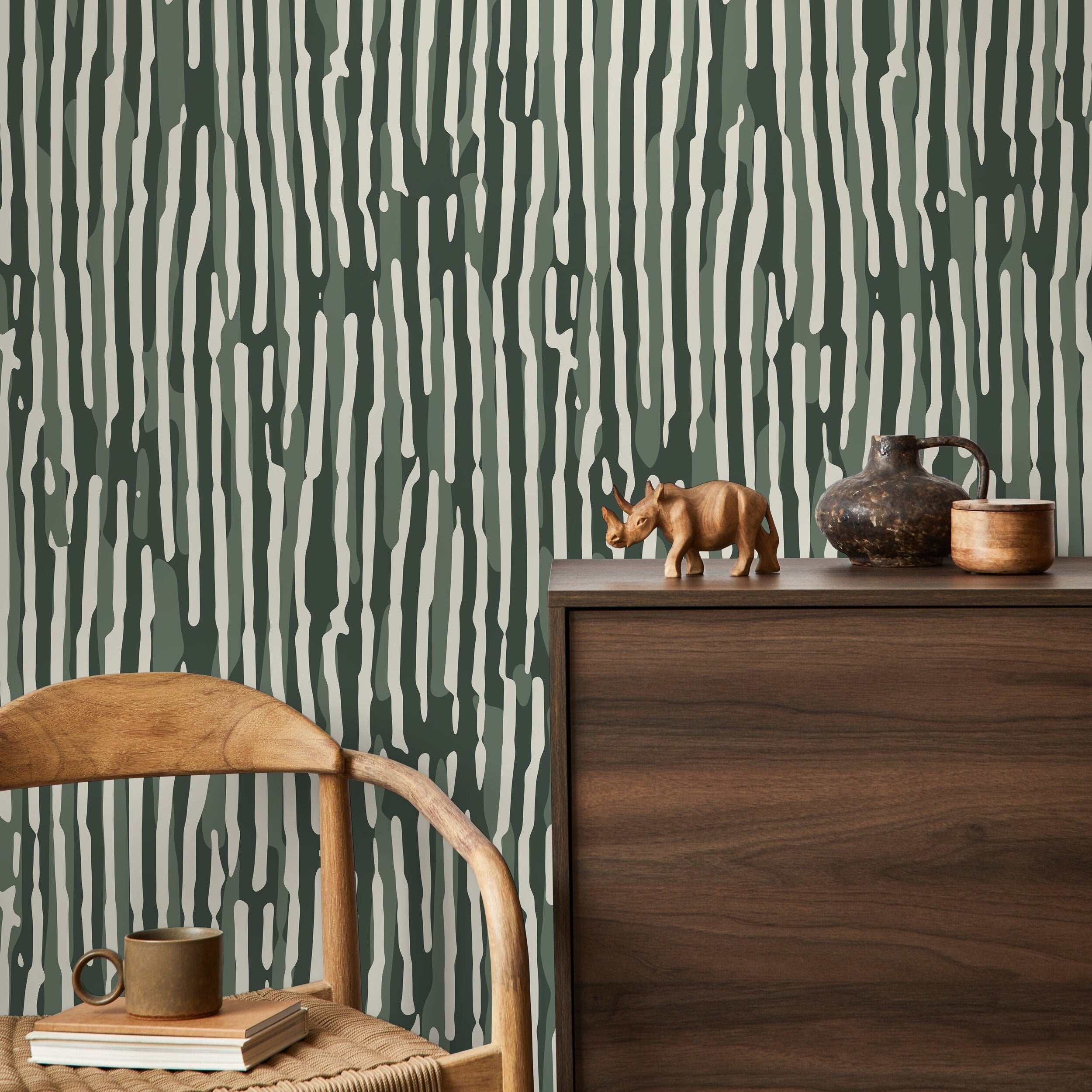 Abstract Wallpaper With Wavy Stripes In Dark Green, Sage, And Off-white - D746