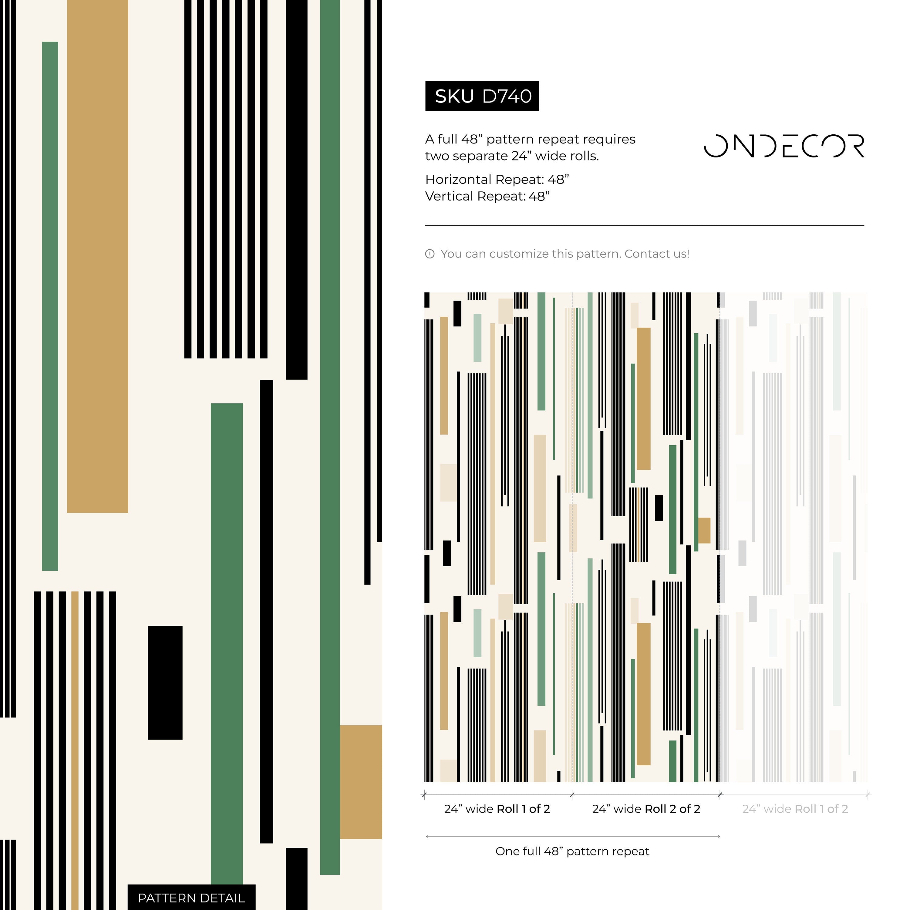 Geometric Wallpaper With Modern Vertical Stripes In Black, Green, And Beige - D740