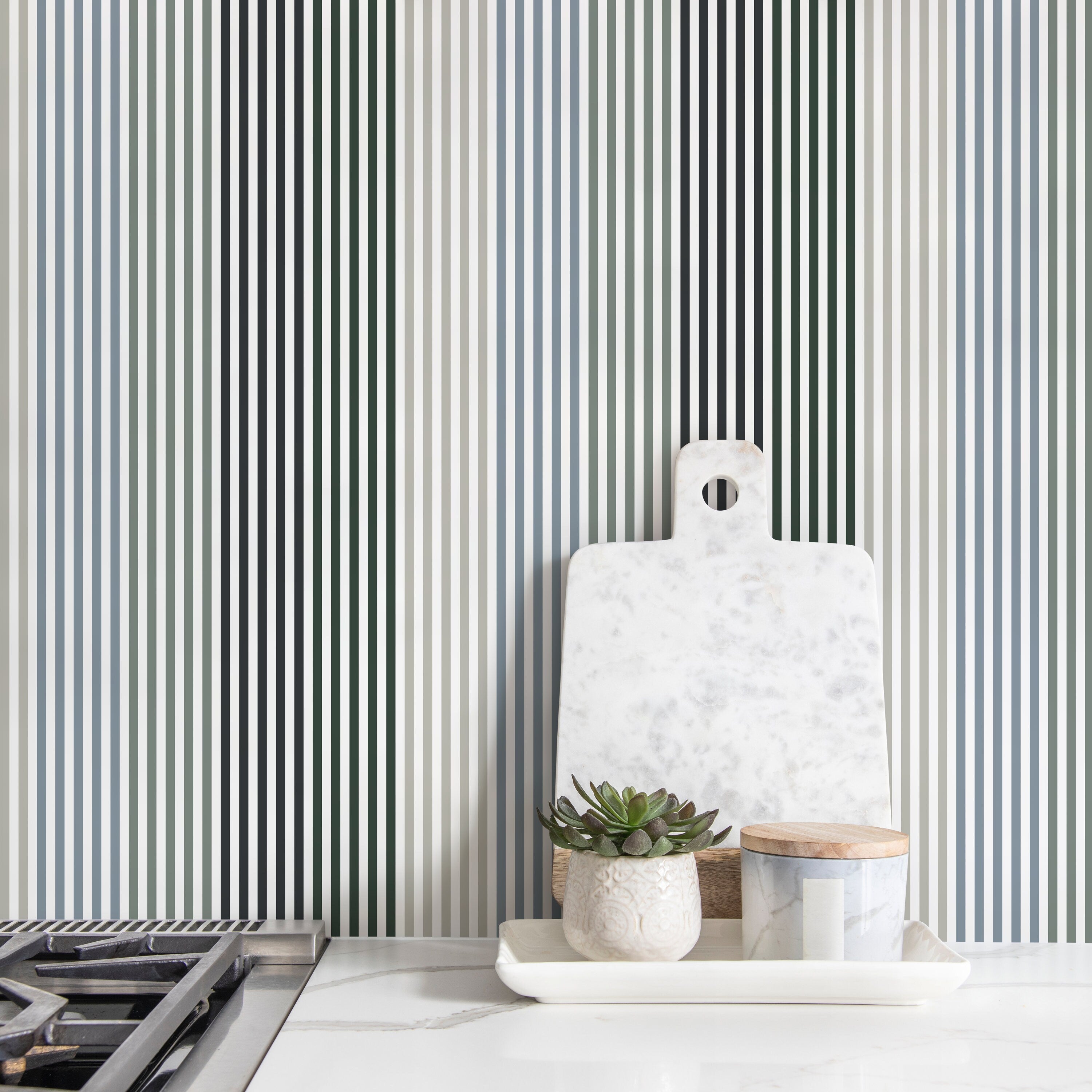 Striped Wallpaper With A Modern Geometric Motif In Green, Blue, And Grey - D756