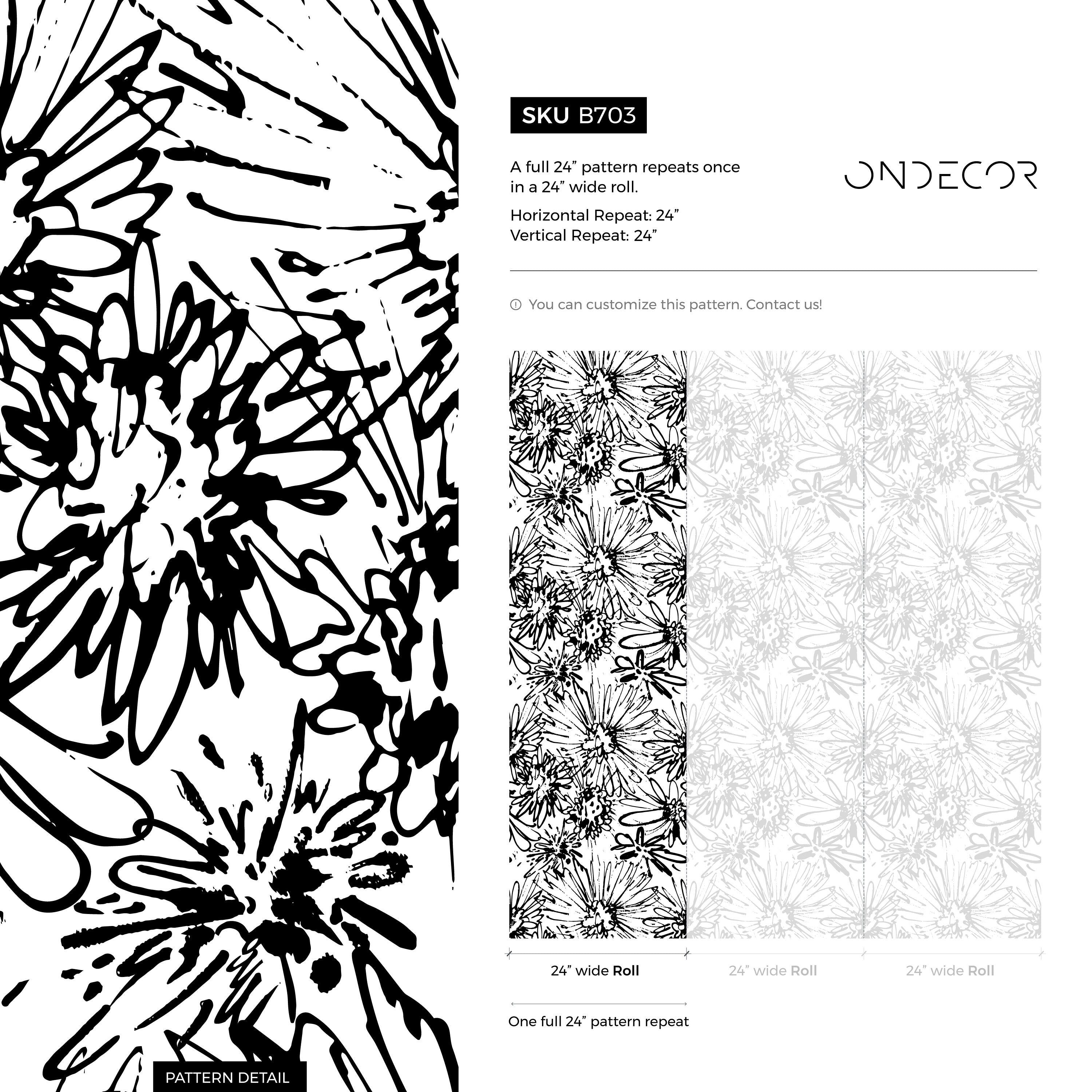 Floral Wallpaper With An Abstract Sketch Motif In Black And White - B703