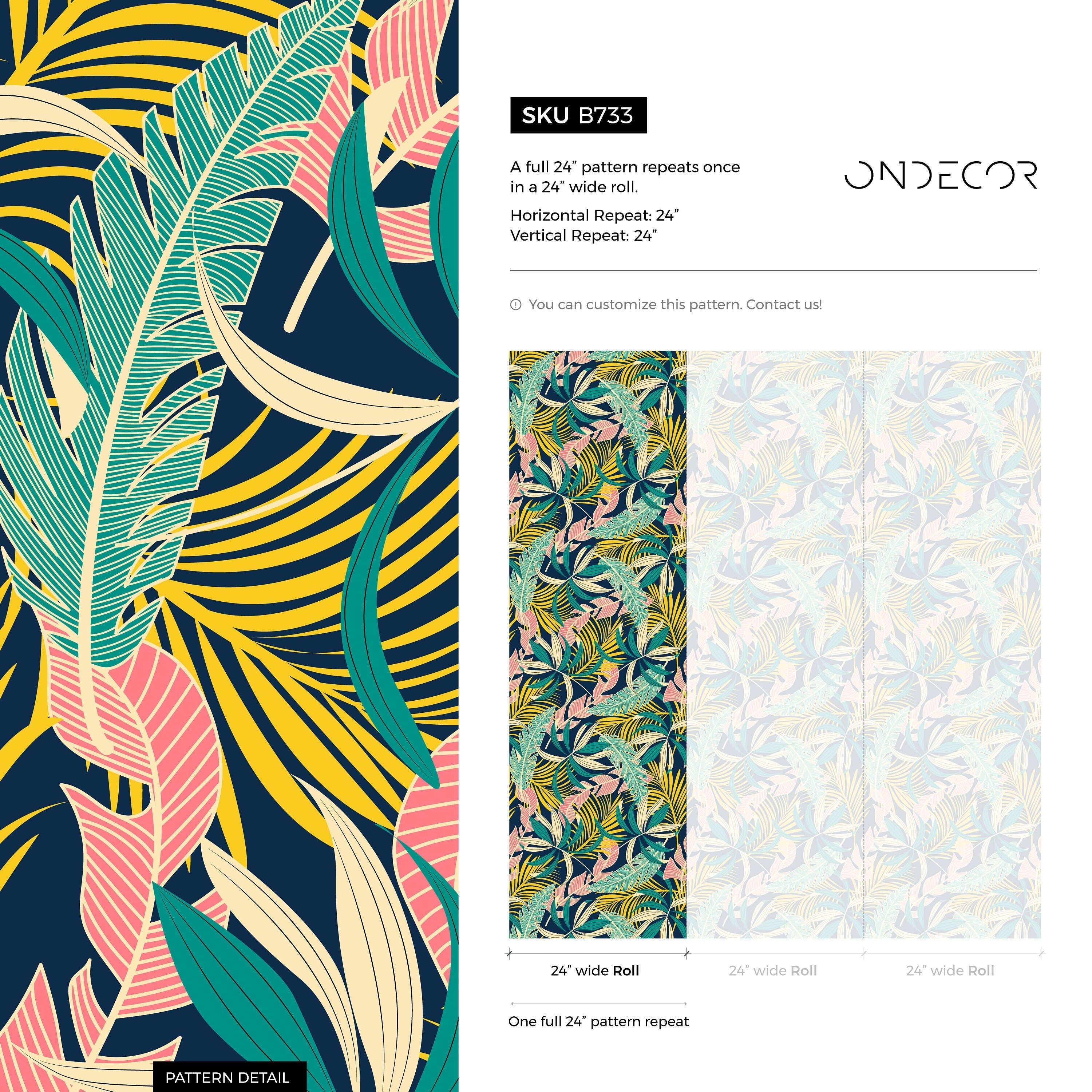 Tropical Wallpaper With Layered Palm Leaves In Teal, Yellow, And Pink - B733