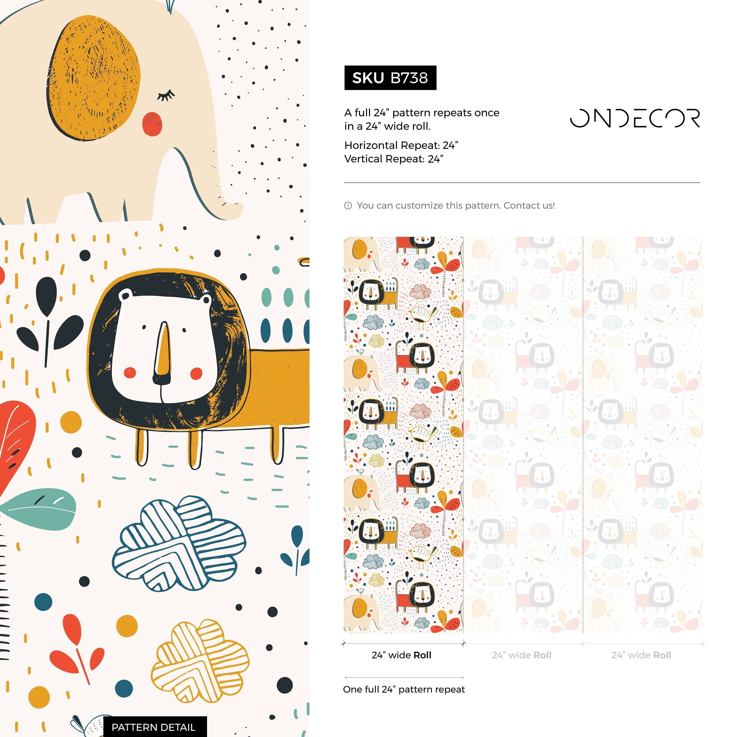 Animal Wallpaper With Nordic Style Lions And Elephants In Red, Yellow, And Blue - B738