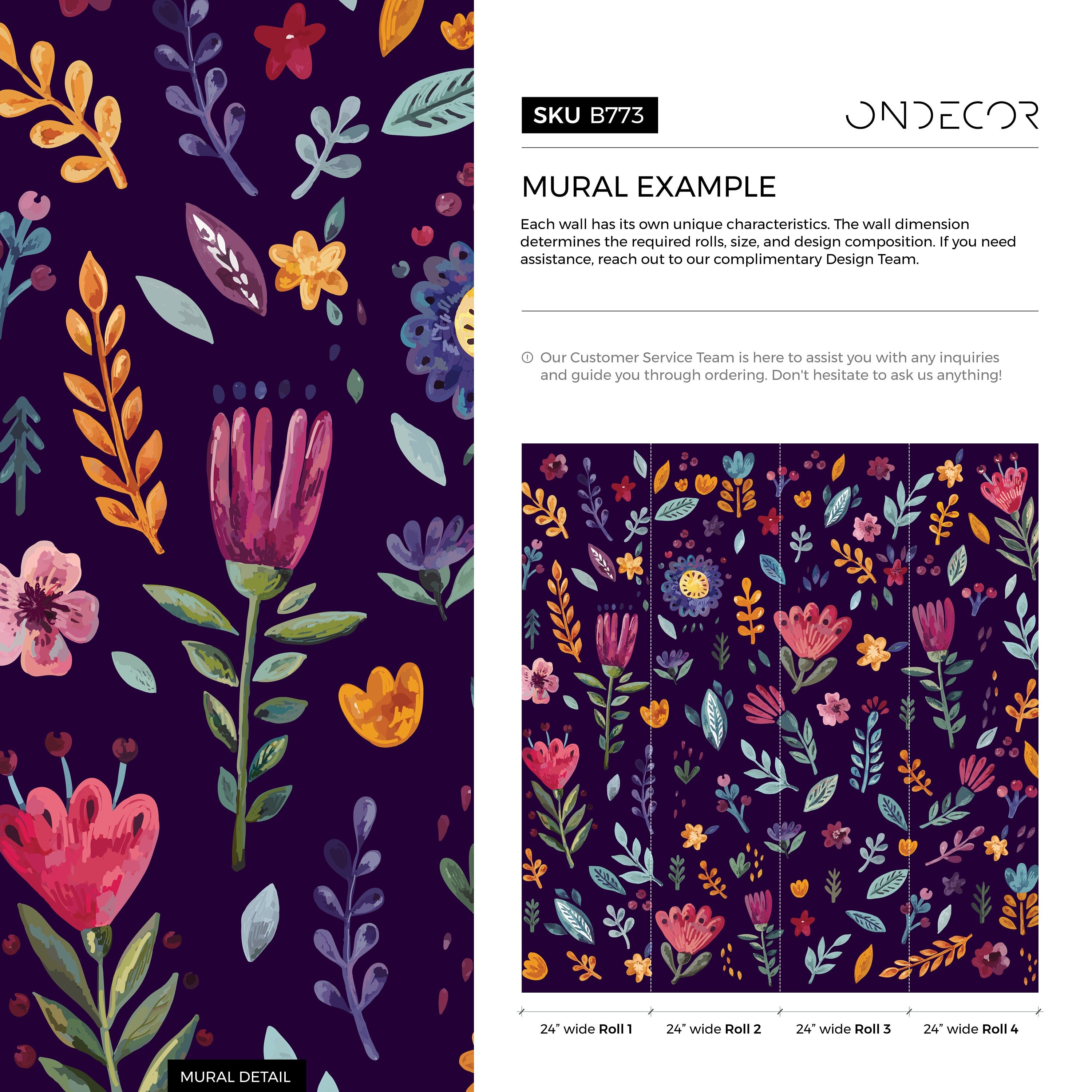 Floral Wallpaper With A Folk Art Motif In Purple And Pink - B773