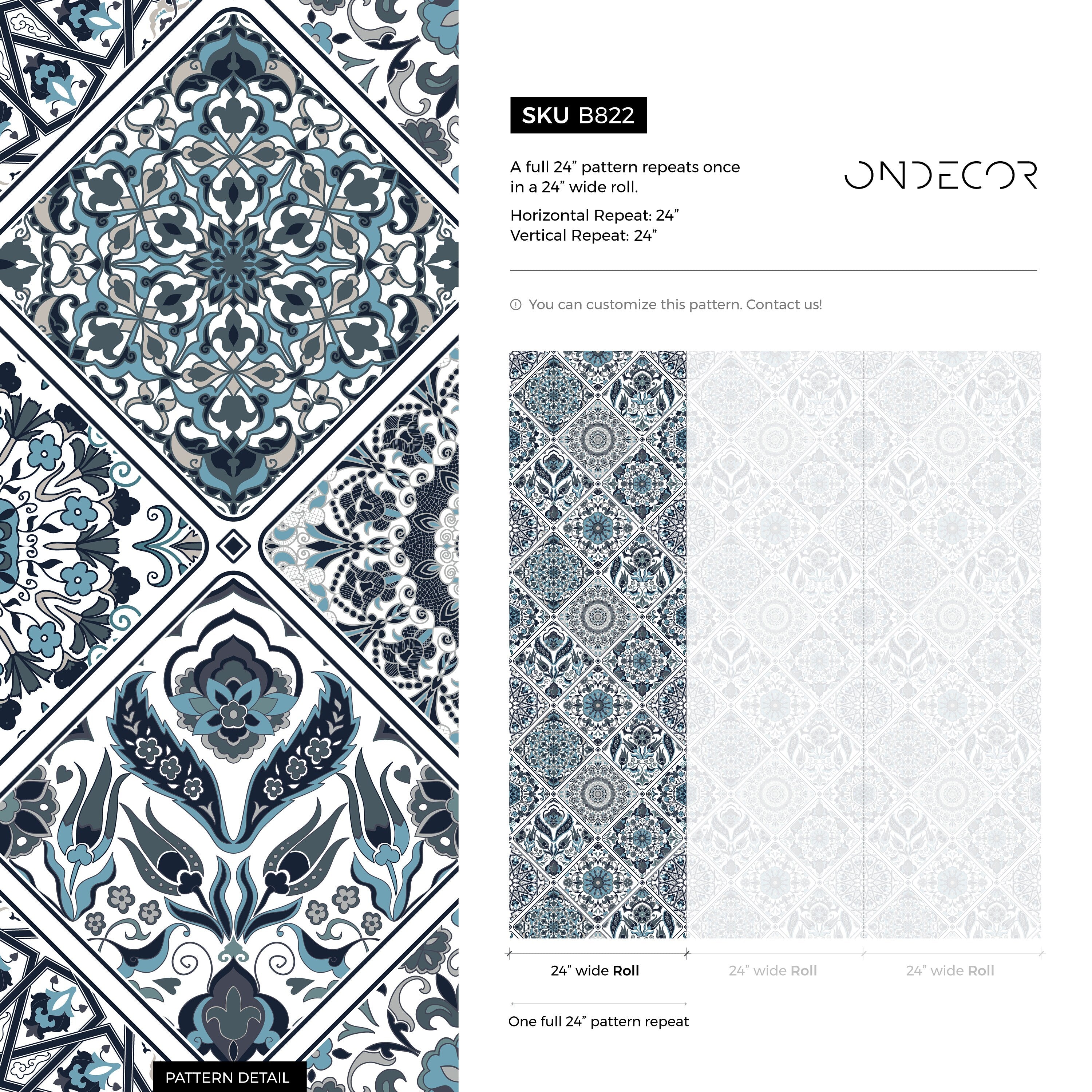 Tile Wallpaper With Intricate Mandala Motifs In Blue And Gray - B822