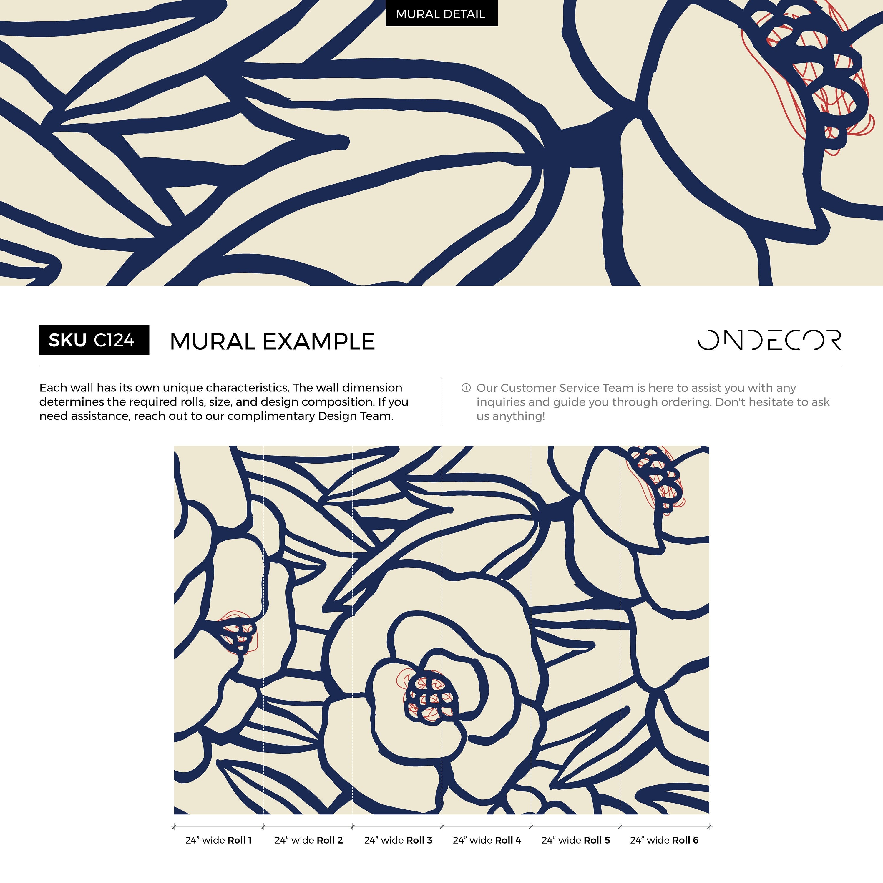 Floral Wallpaper With Bold Abstract Blooms In Navy Blue, Red, And Cream - C124