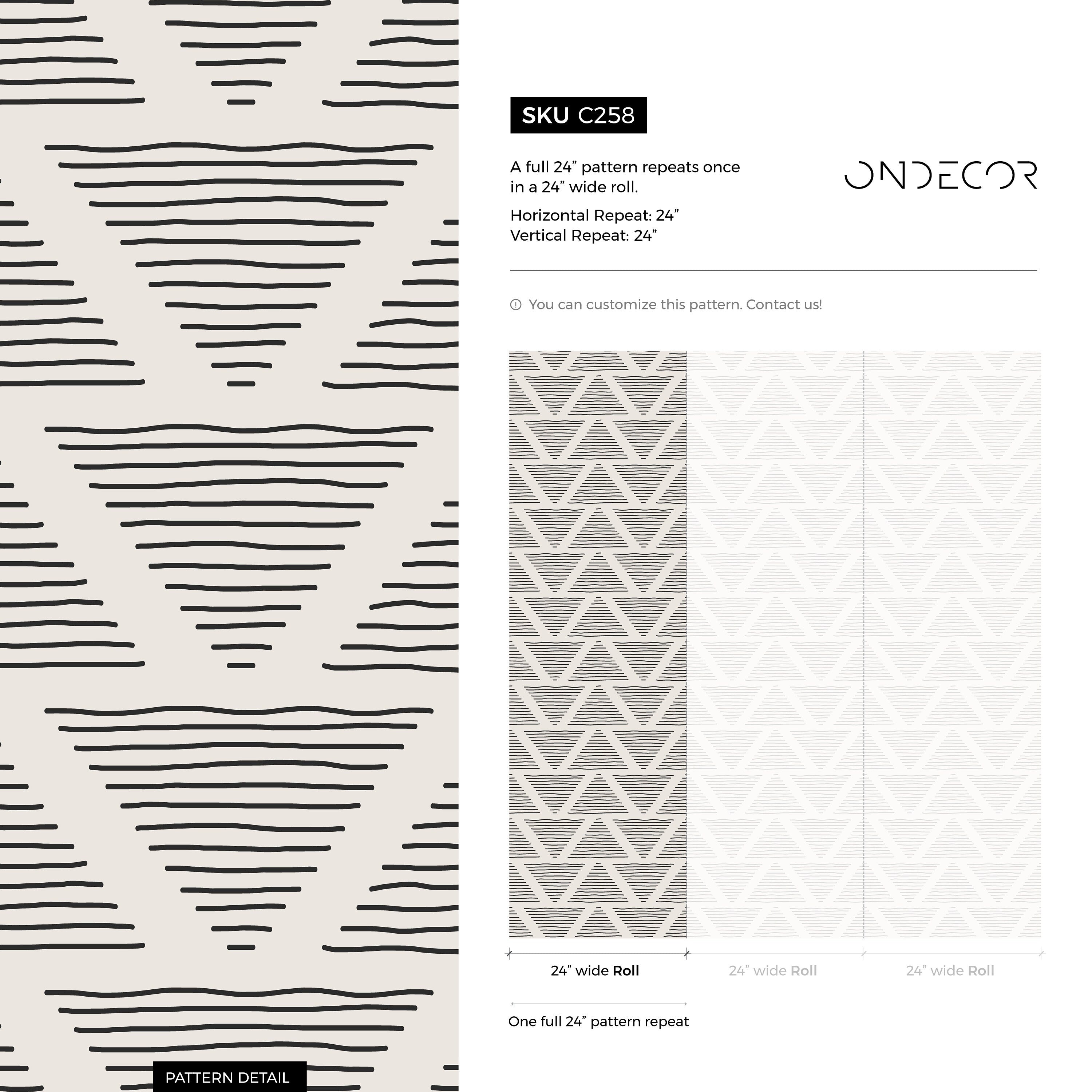 Geometric Wallpaper With Hand-drawn Striped Triangles In Black And Beige - C258