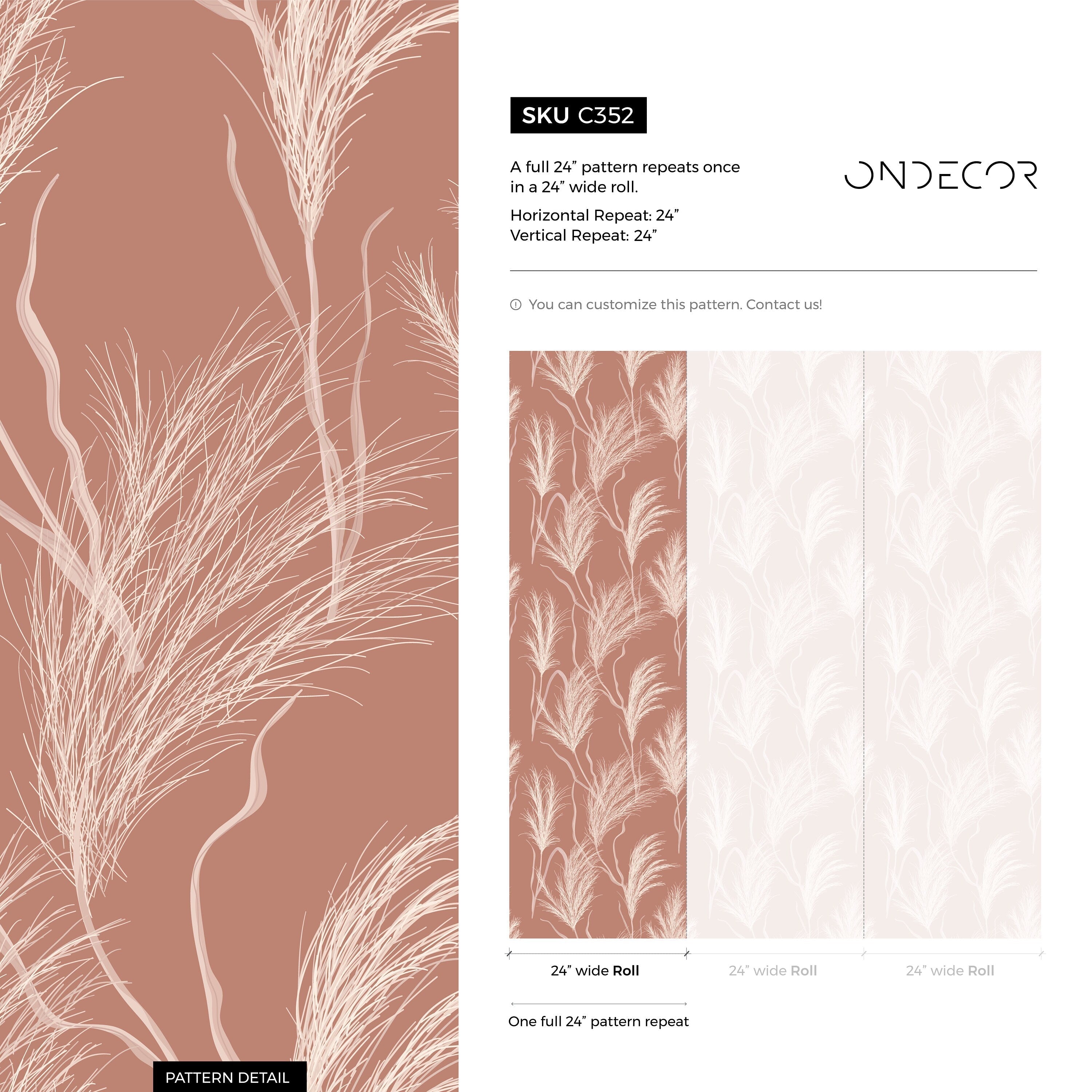 Botanical Wallpaper Featuring Pampas Grass In Terracotta And White - C352