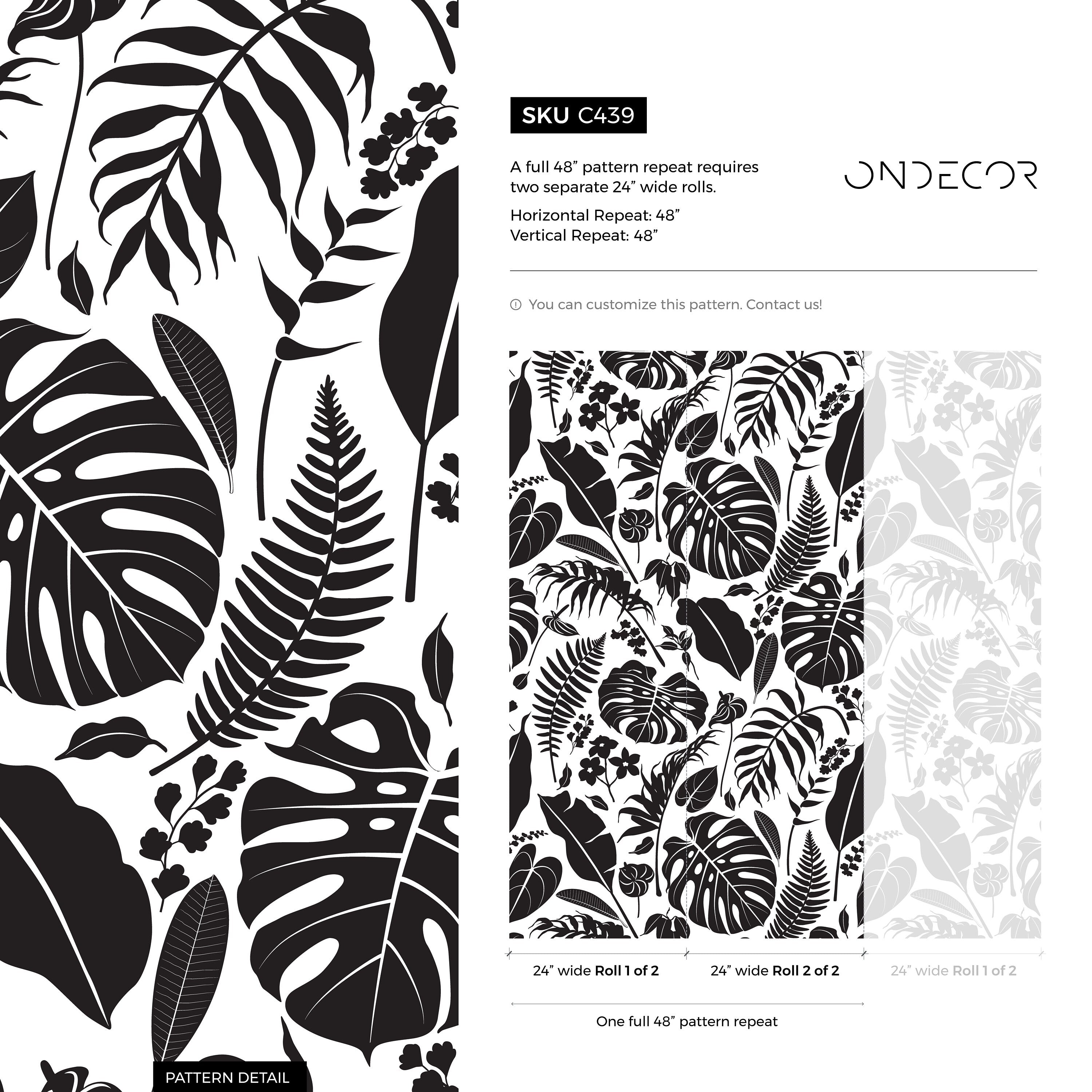 Botanical Wallpaper With Tropical Jungle Leaves In Black And White - C439