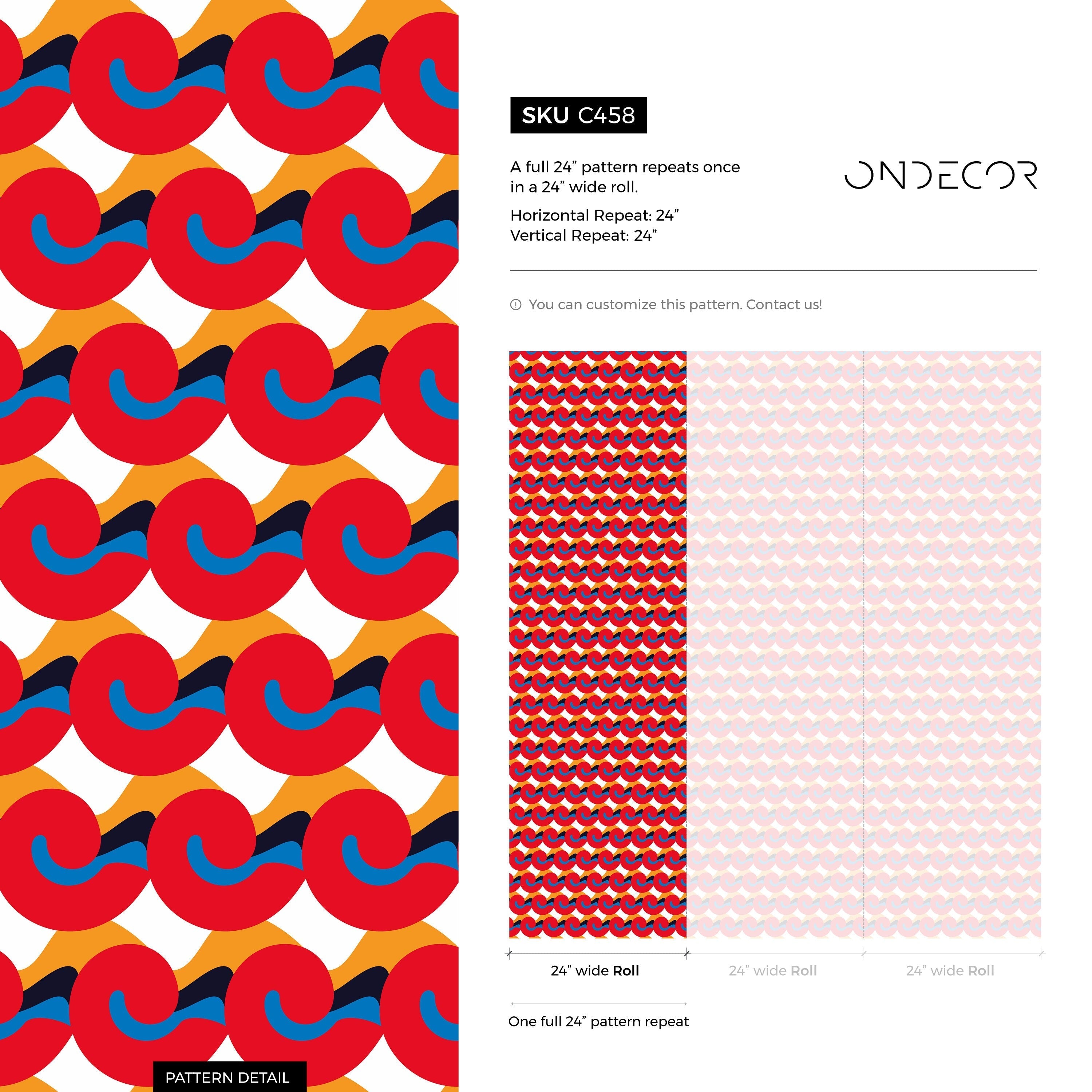 Geometric Wallpaper With Abstract Curved Shapes In Red, Blue, And Gold - C458