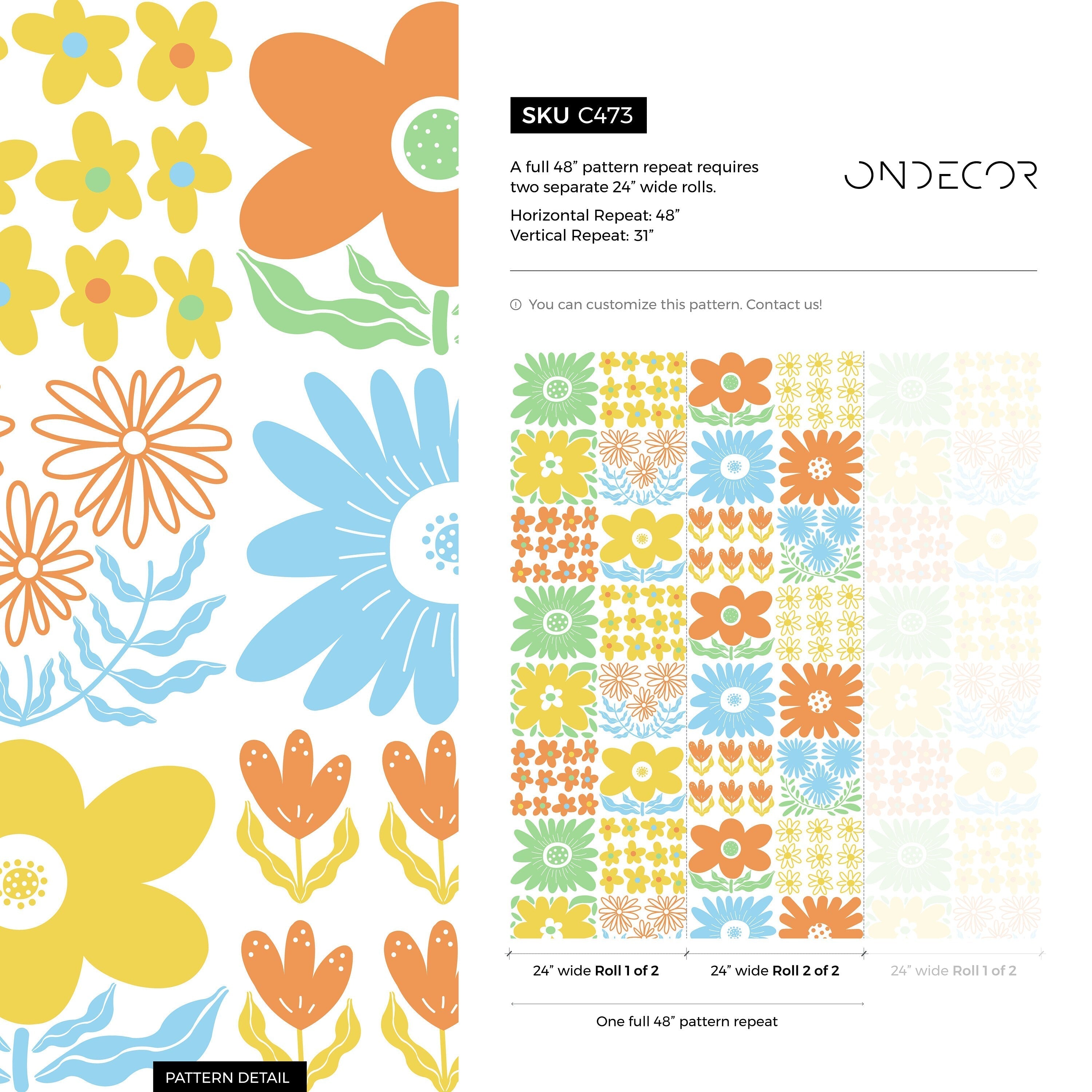 Floral Wallpaper With A Retro Block Print Motif In Orange, Blue, And Yellow - C473