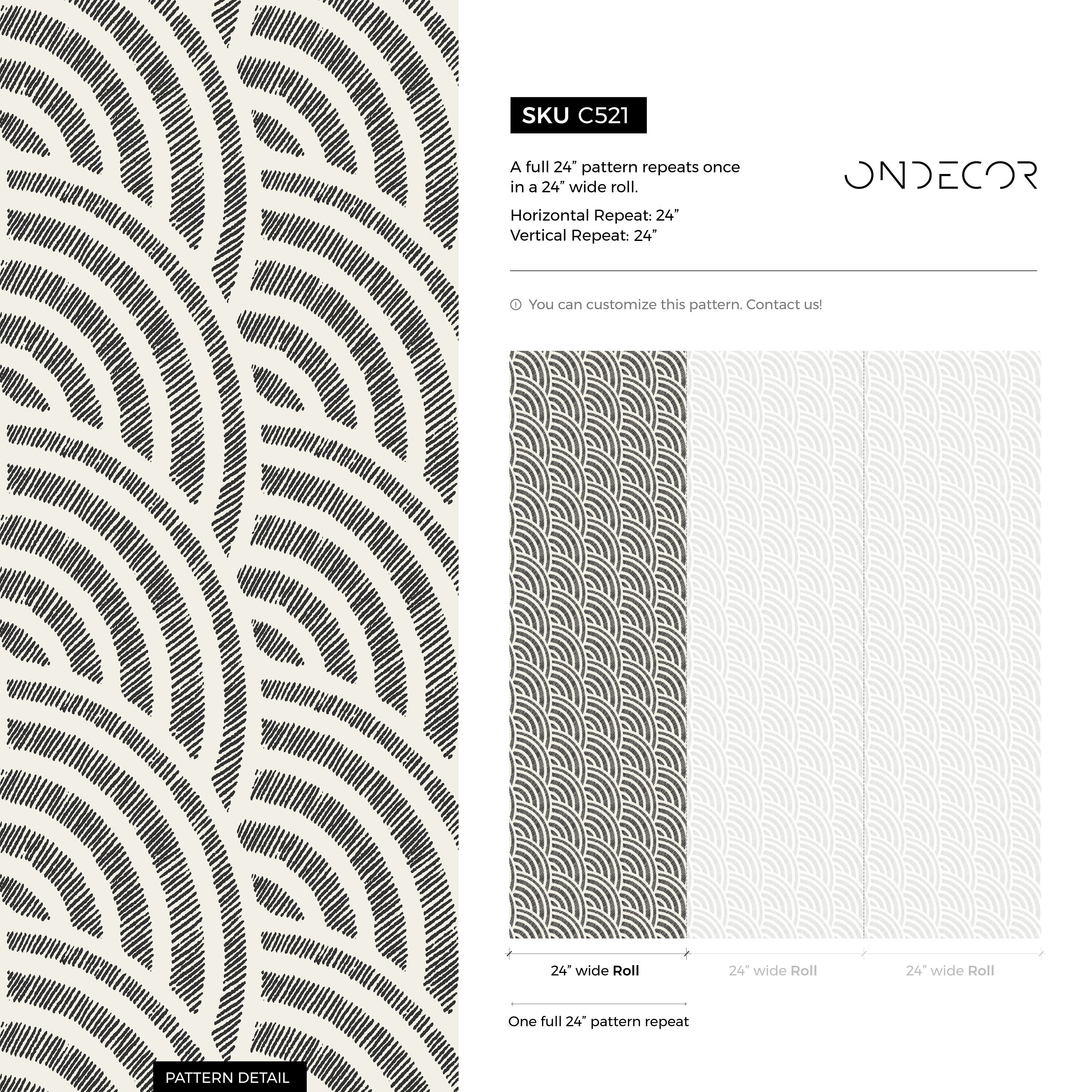 Geometric Wallpaper With A Sketched Scallop Motif In Black And White - C521