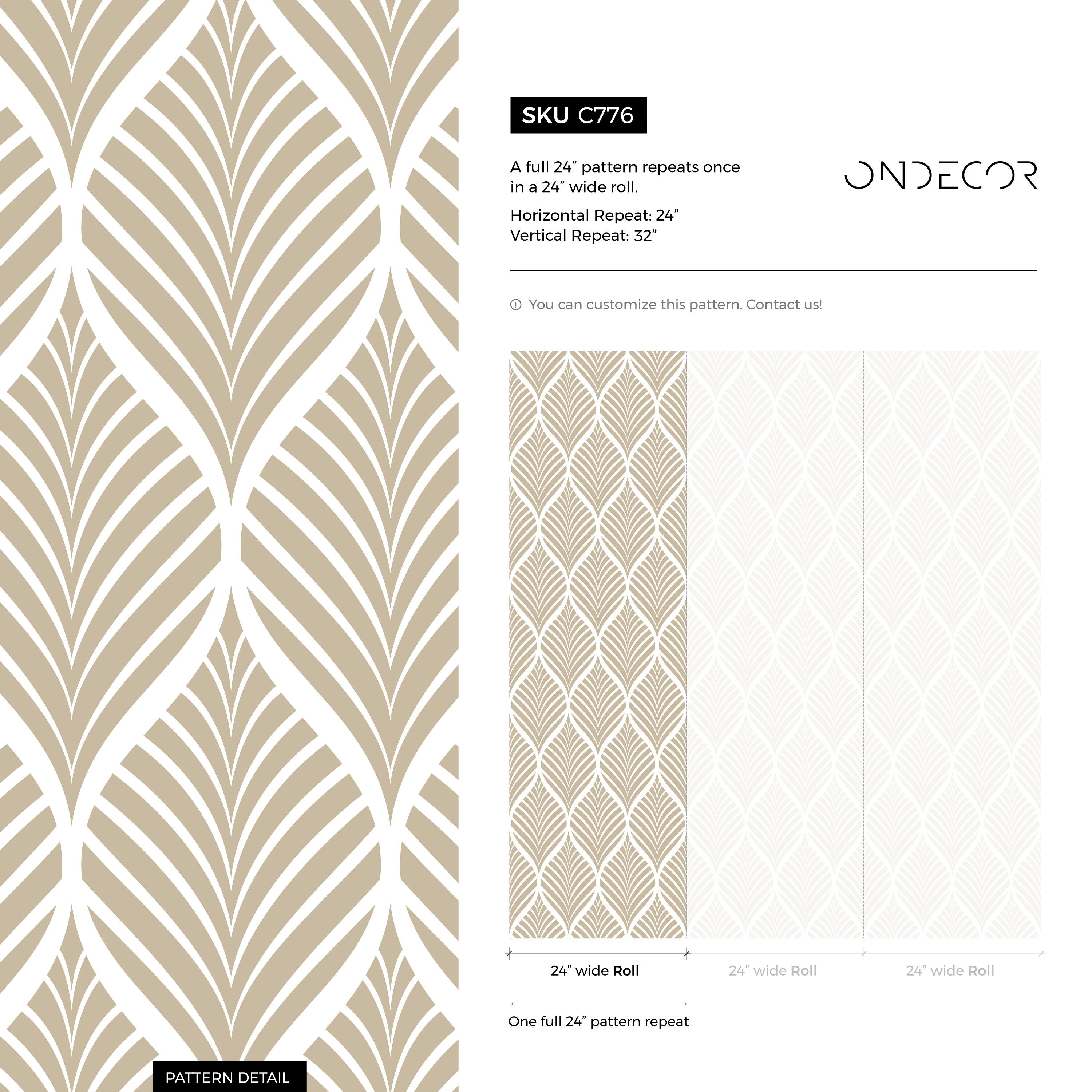 Art Deco Wallpaper With A Stylized Leaf Motif In Beige And Grey - C776