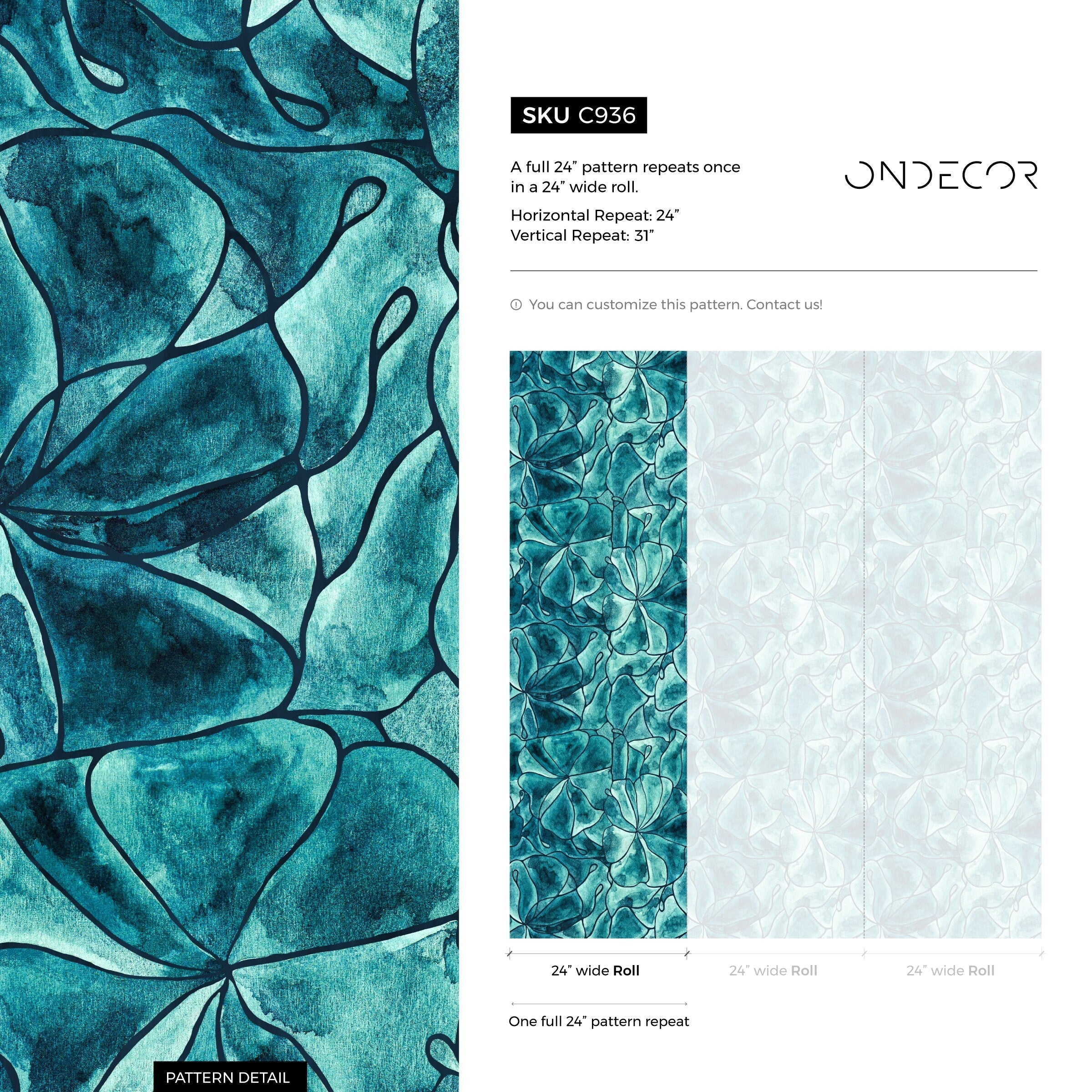 Abstract Floral Wallpaper With A Watercolor Style In Turquoise, Teal, And Black - C936