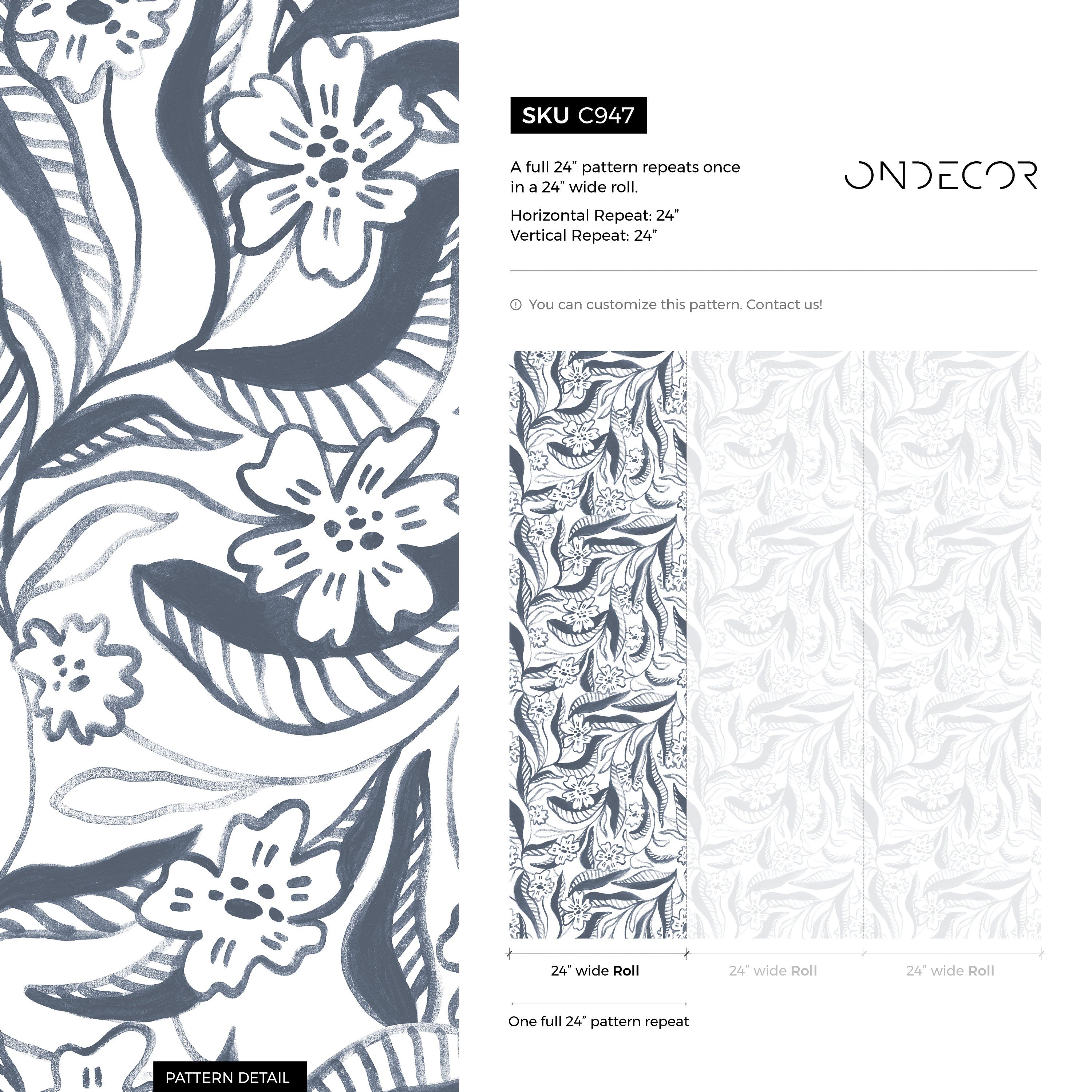 Floral Wallpaper Featuring Painterly Blooms In Navy Blue And Gray - C947