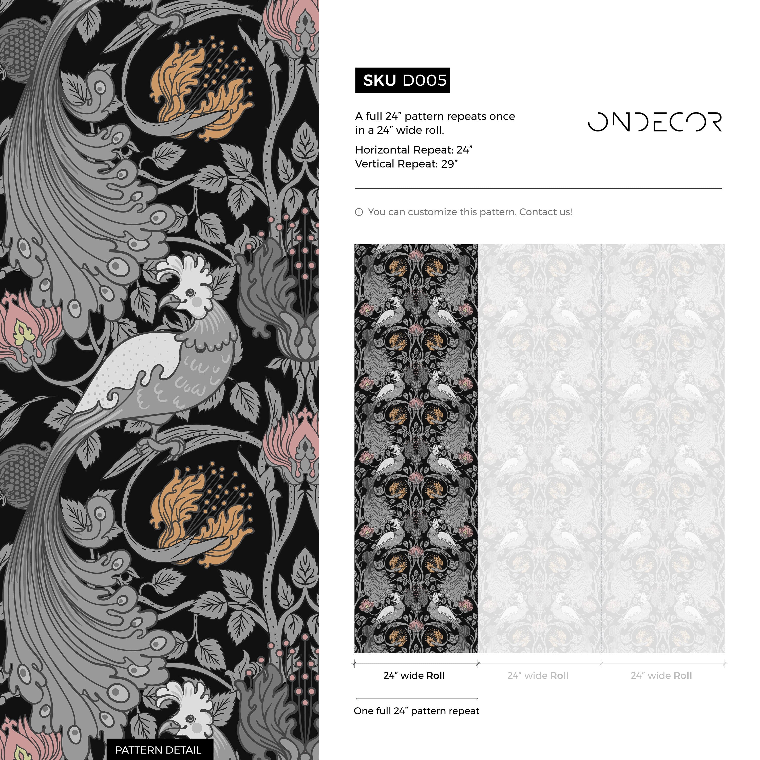 Arts And Crafts Wallpaper With A Bird And Pomegranate Motif In Gray, Pink, And Gold - D005