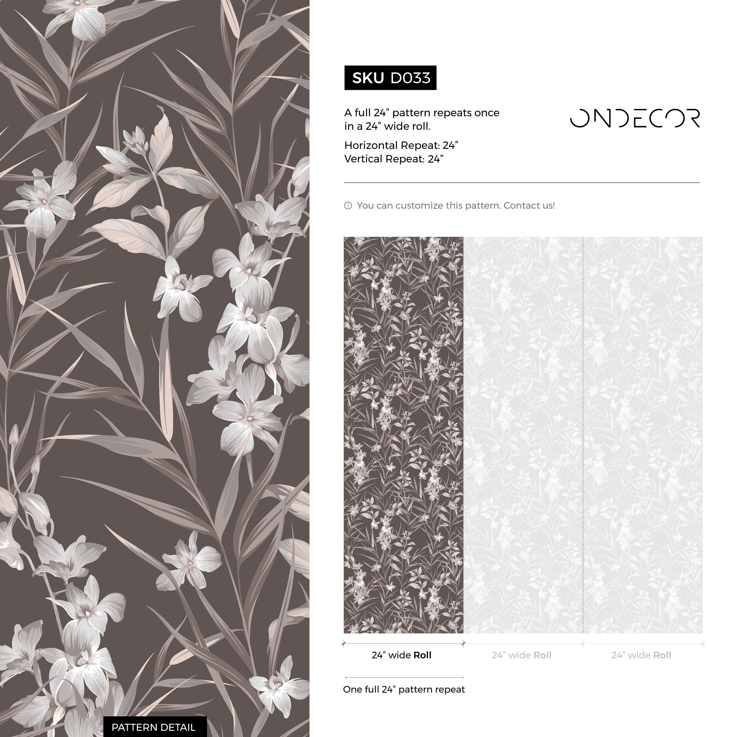 Botanical Wallpaper With Elegant Orchids In Brown, Grey, And Beige - D033