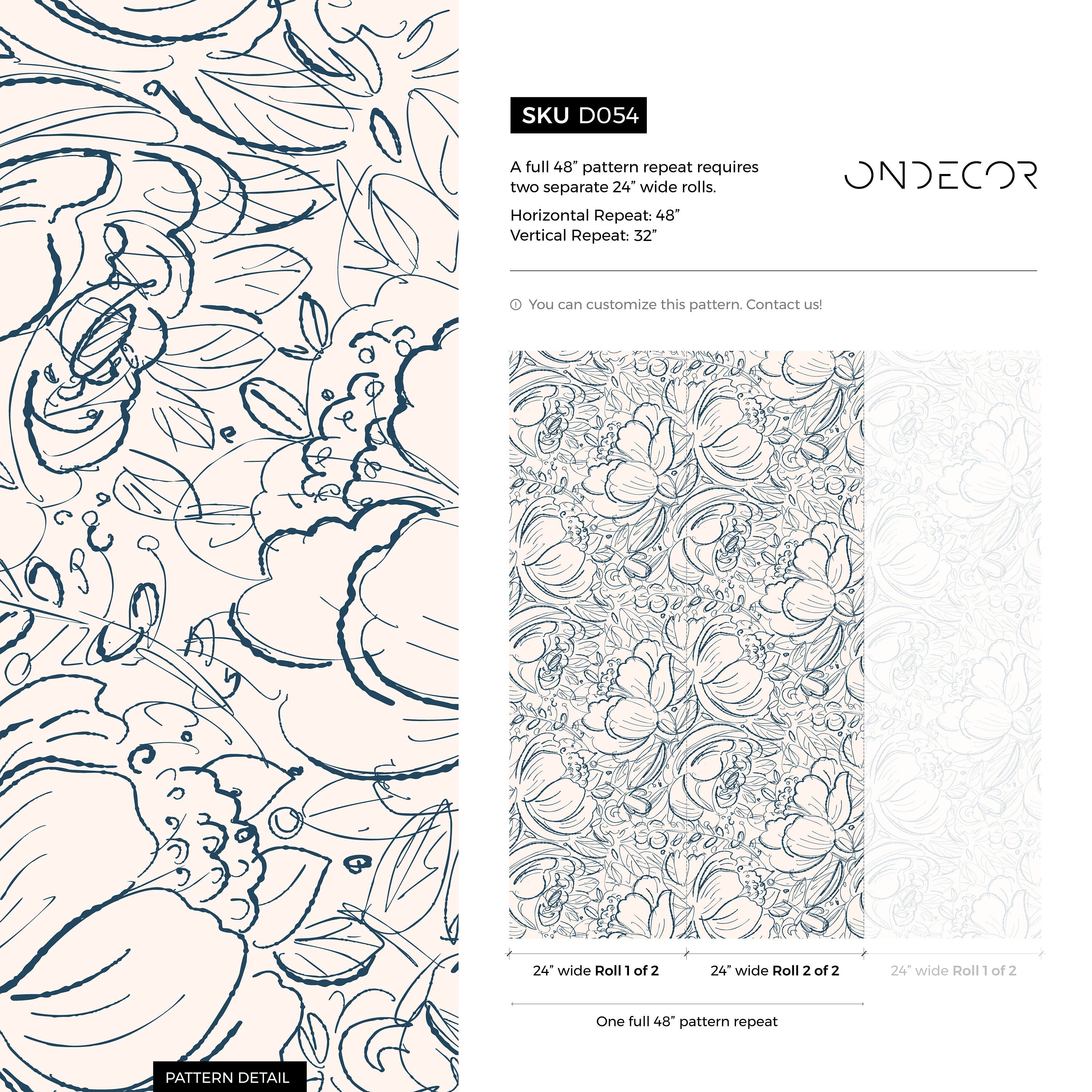 Boho Floral Wallpaper With A Hand-drawn Sketch In Navy Blue And Cream - D054
