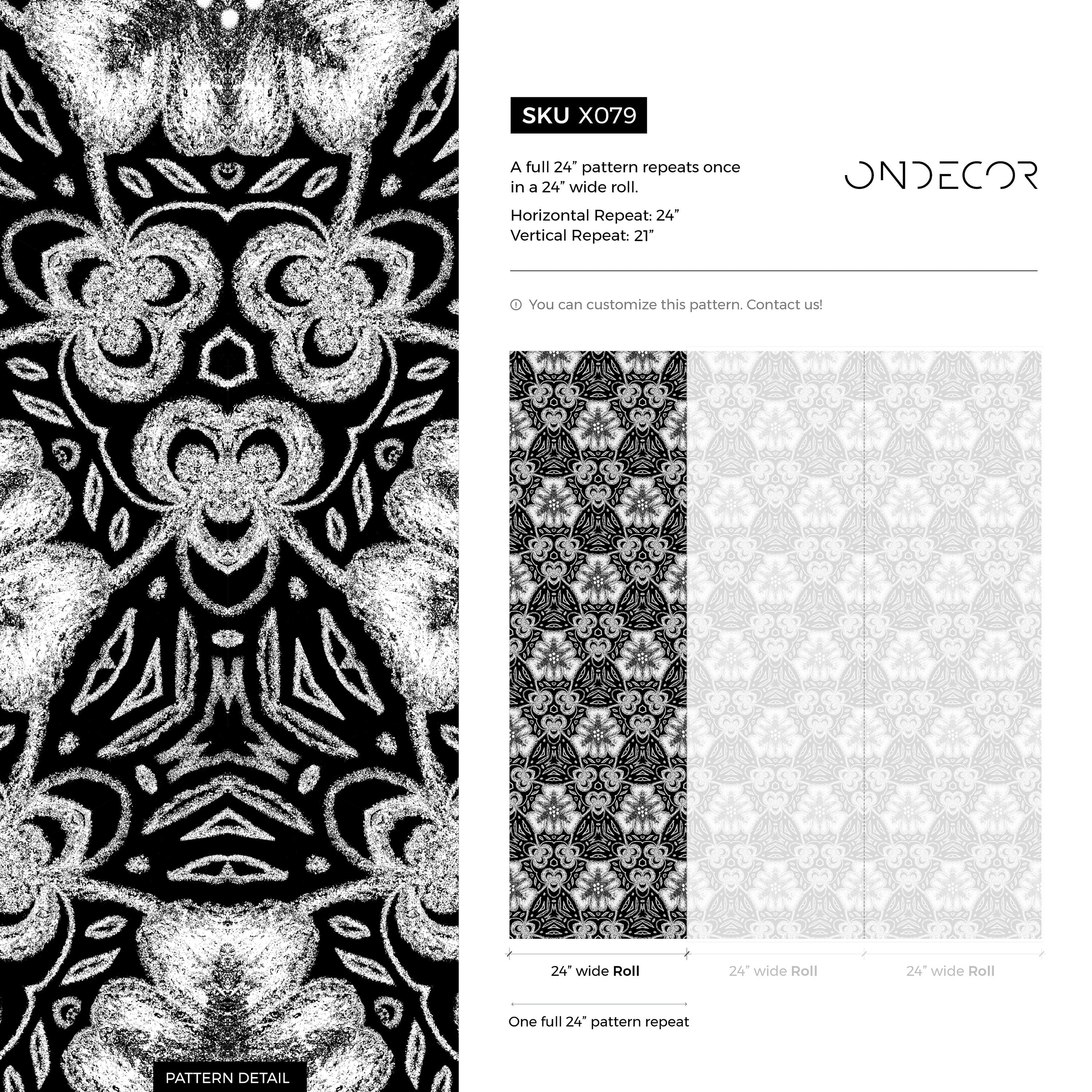 Damask Wallpaper With A Chalk-style Floral Motif In Black And White - X079